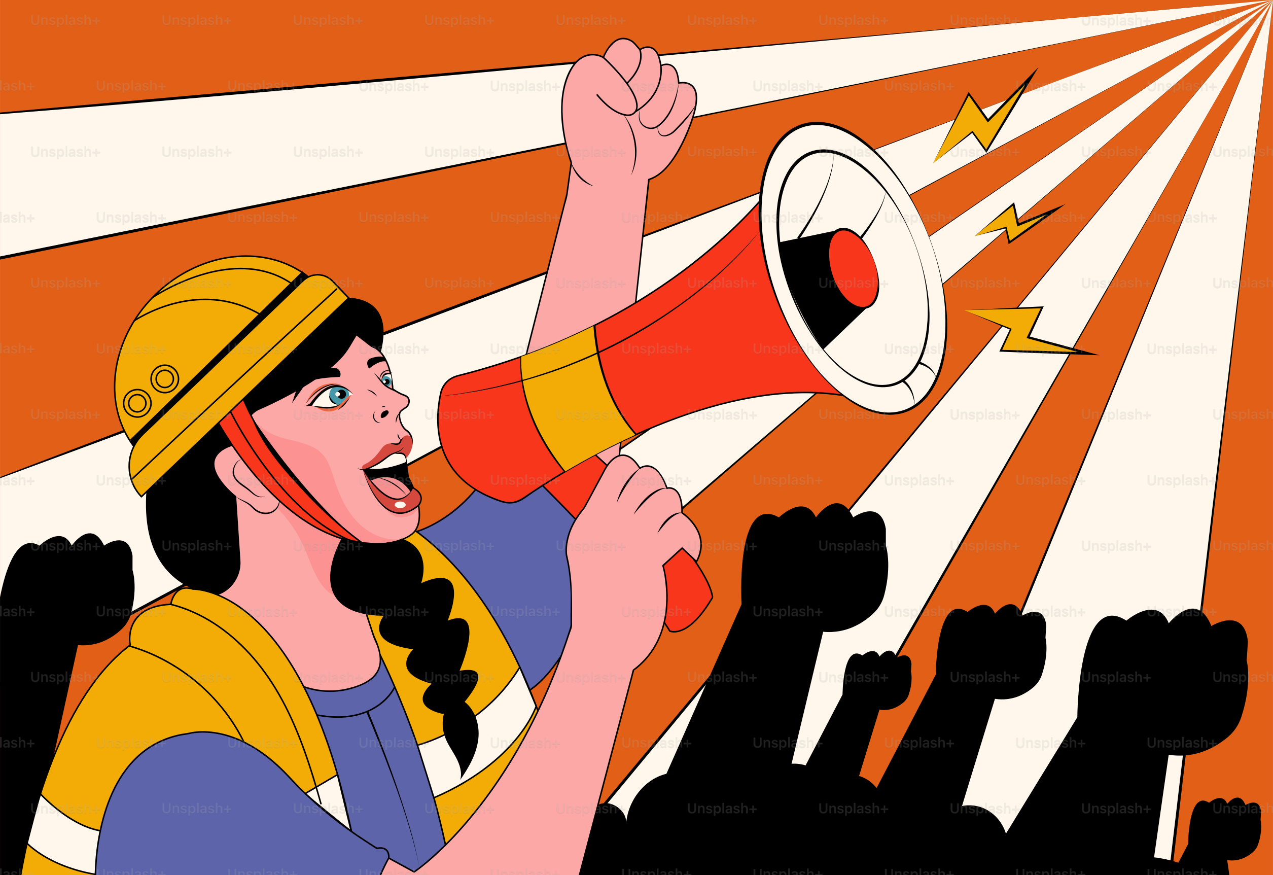 Trabalhador com megafone liderando um protesto.