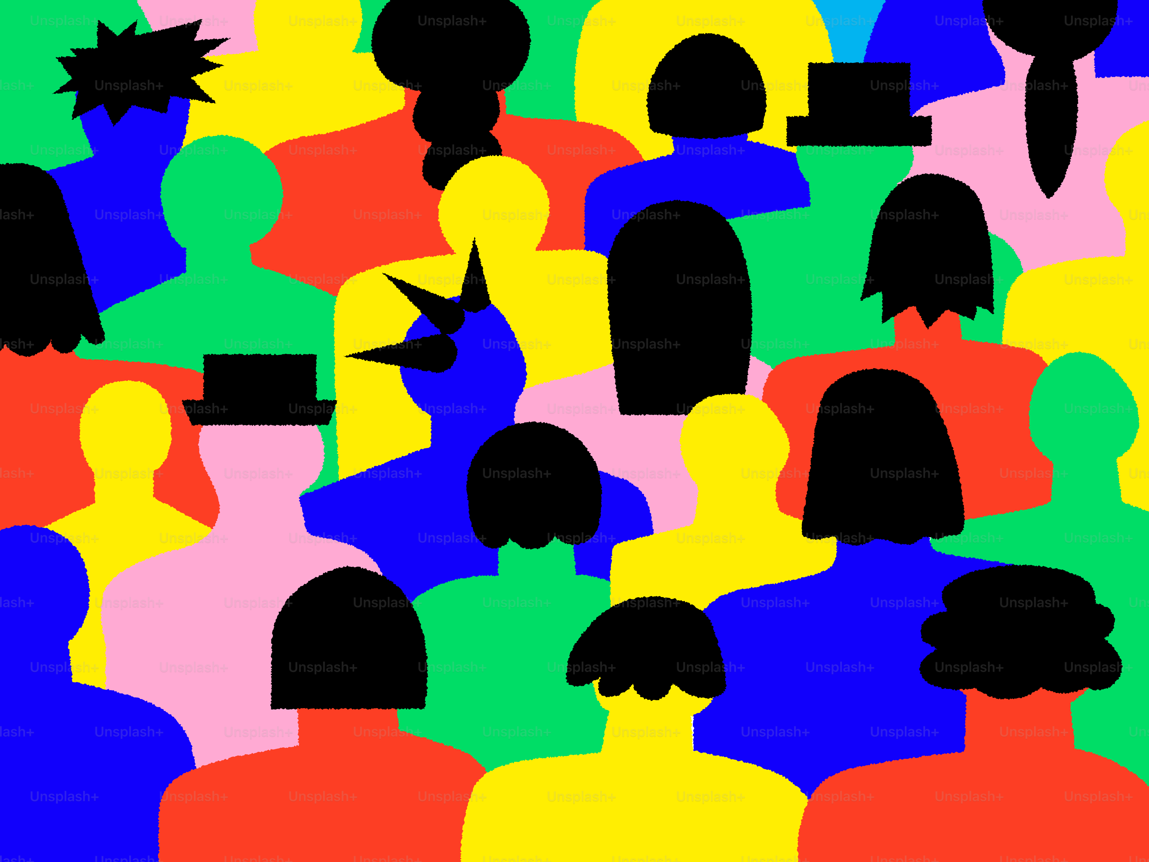 Des silhouettes colorées créent une foule vibrante et diversifiée.