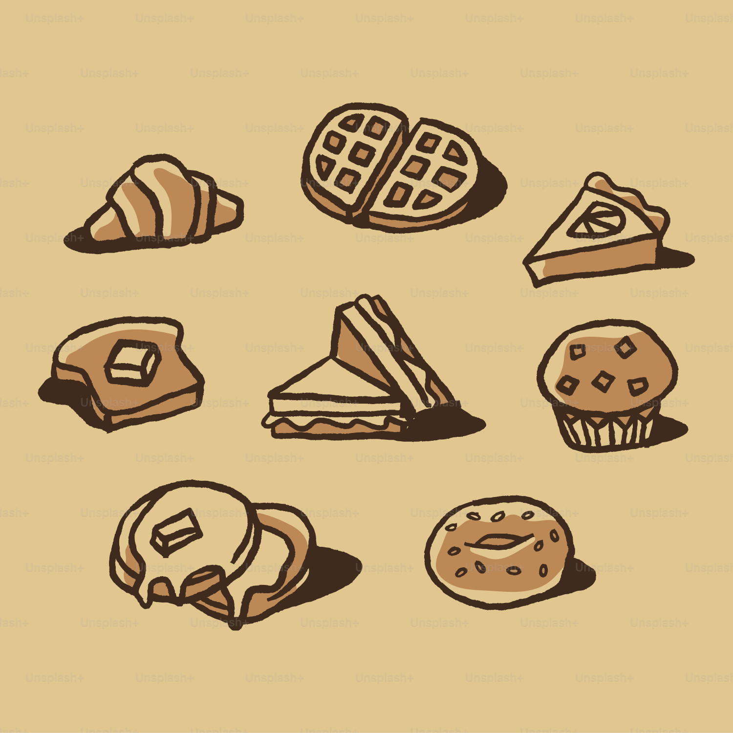 갈색 배경에 배열 된 다양한 아침 식사 음식.