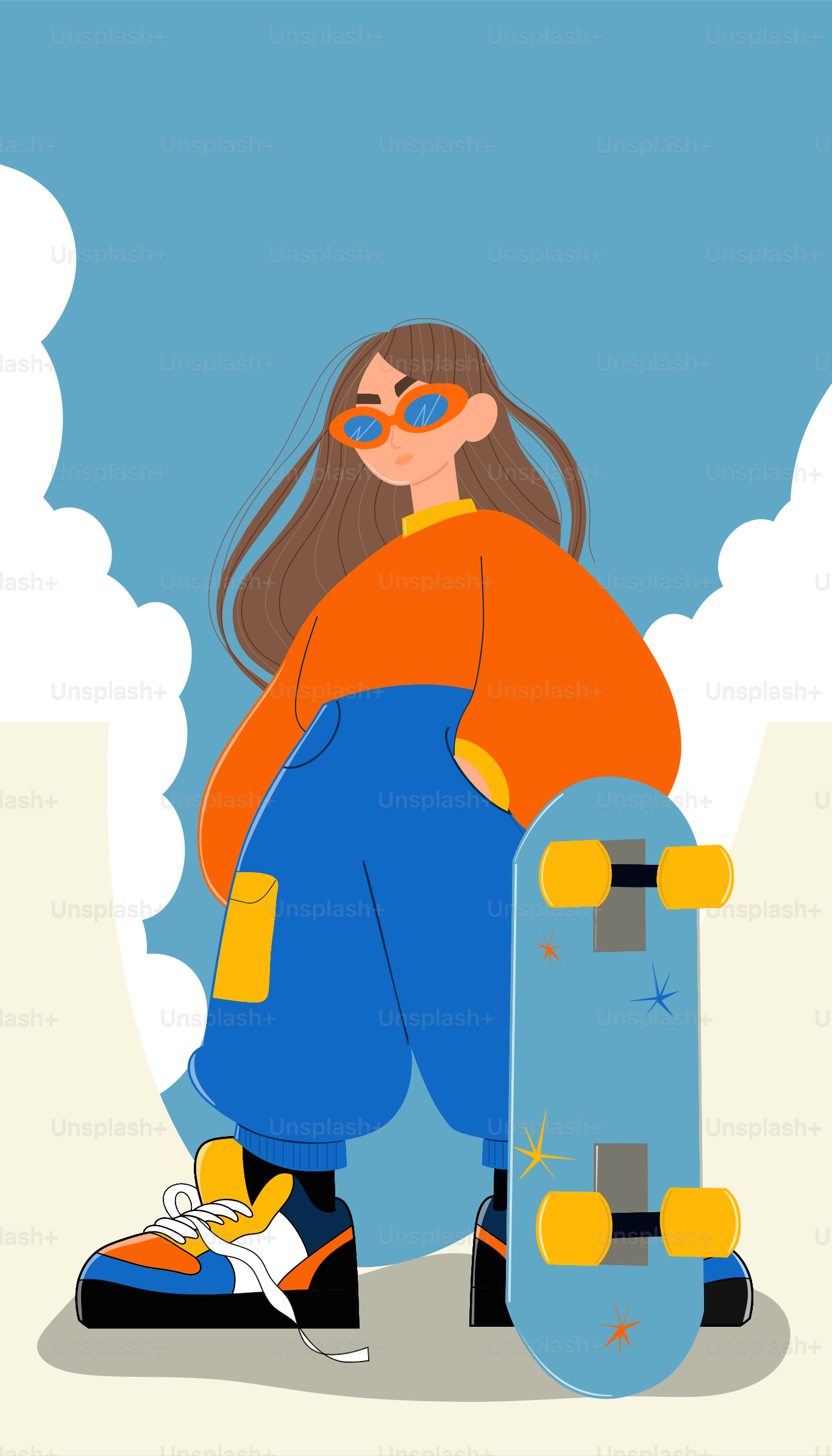 A cool girl is posing with her skateboard.