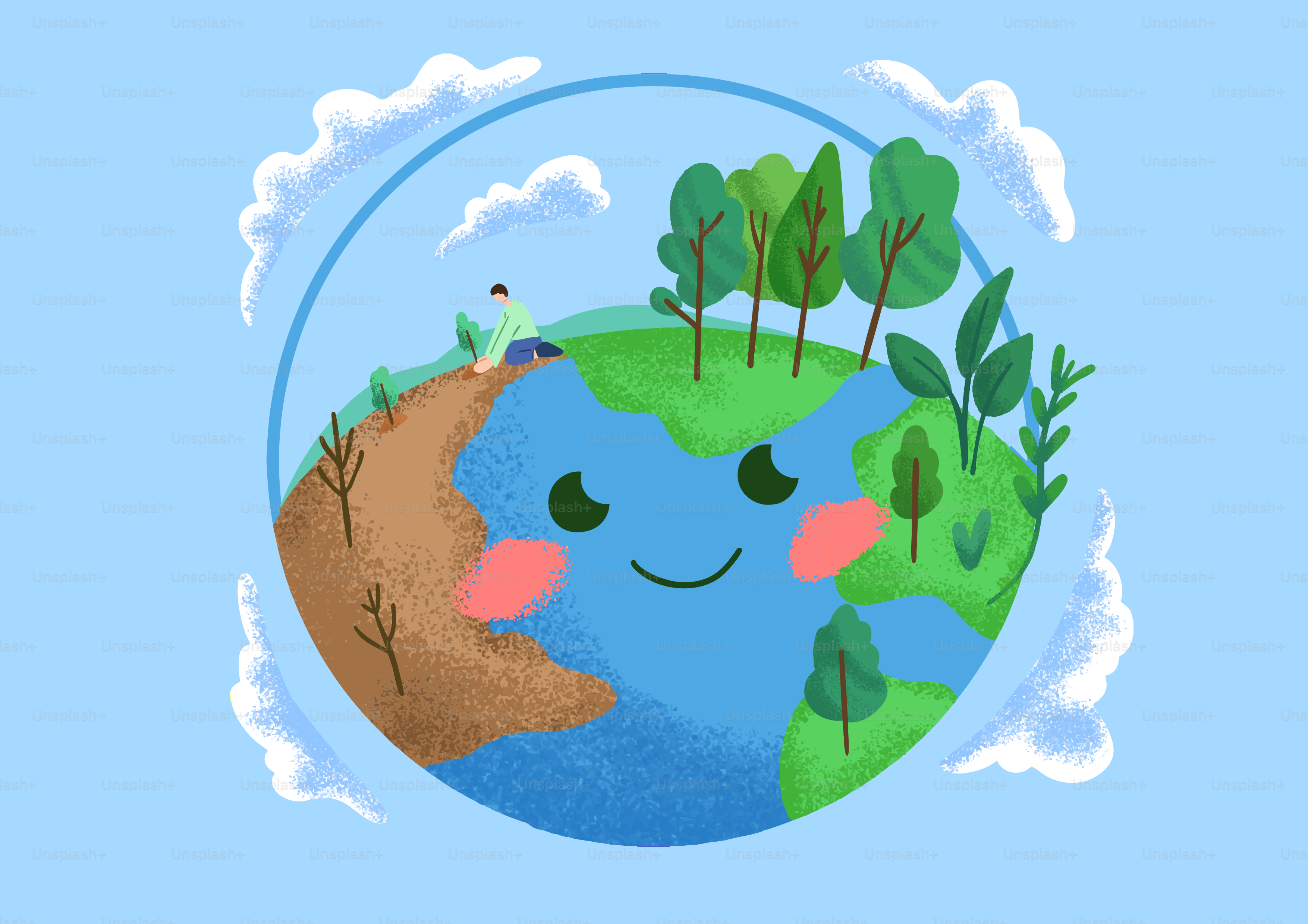 Happy earth is surrounded by trees and clouds.