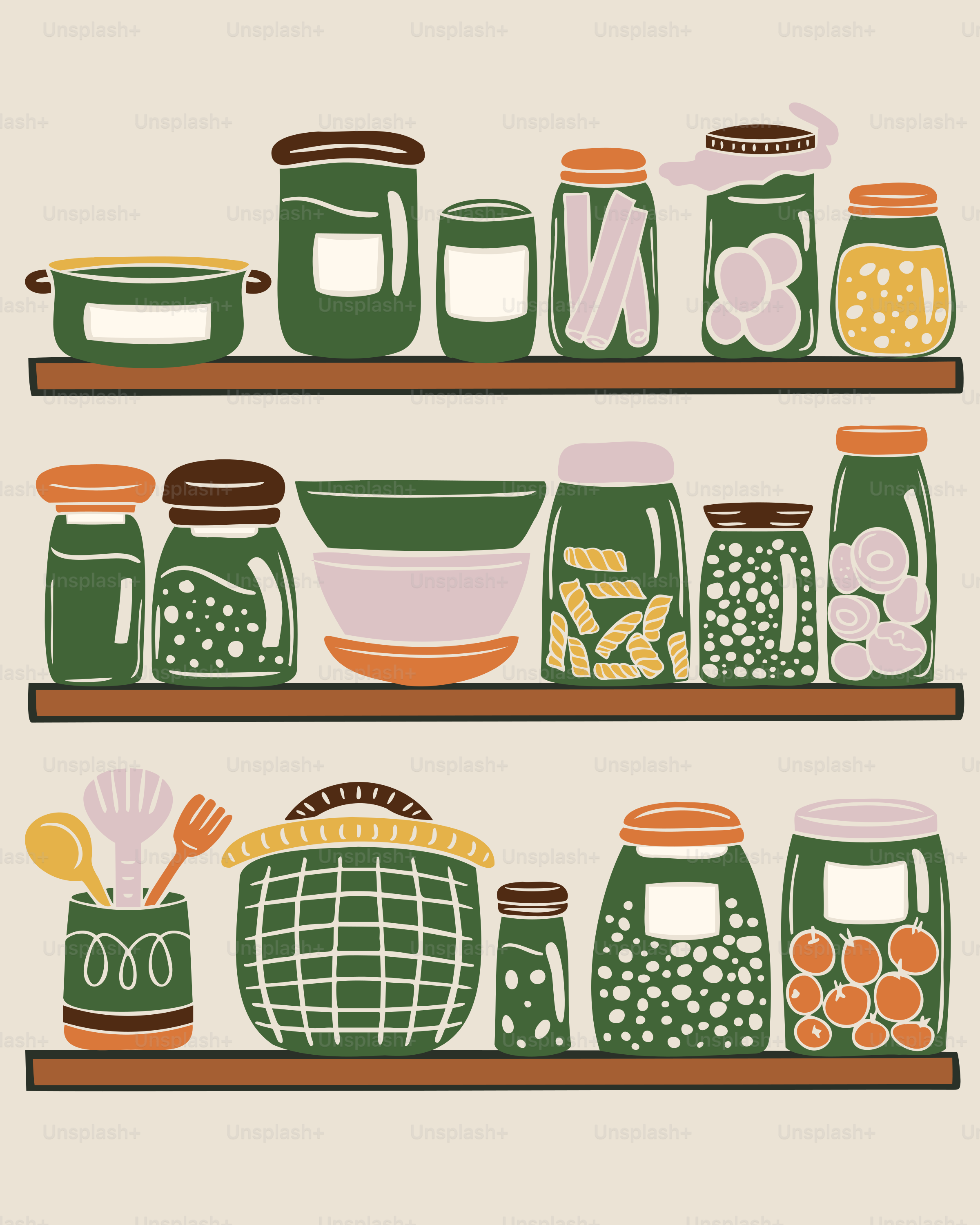 Shelves filled with jars of preserved goods and utensils.