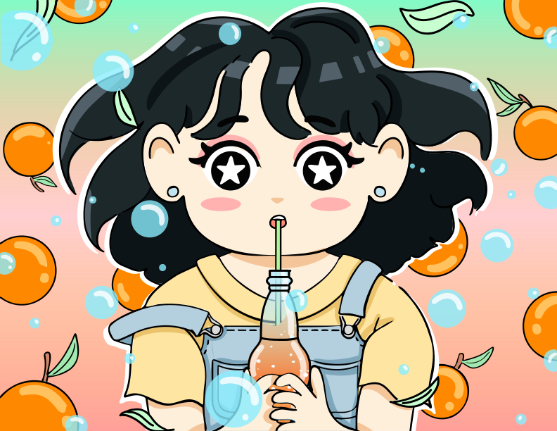 Une fille d’anime mignonne qui profite d’un soda à l’orange.