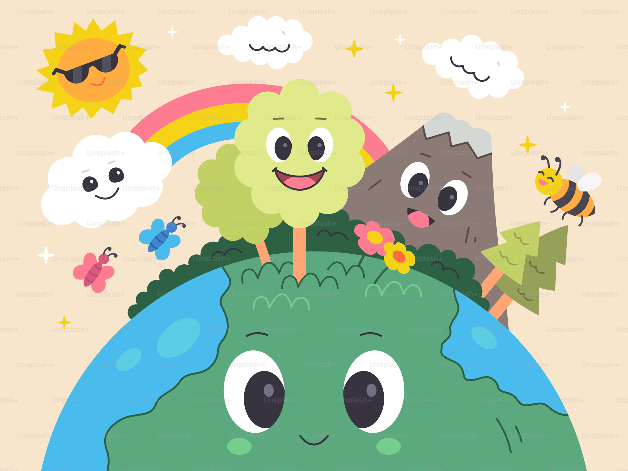 The happy earth is surrounded by smiling nature.