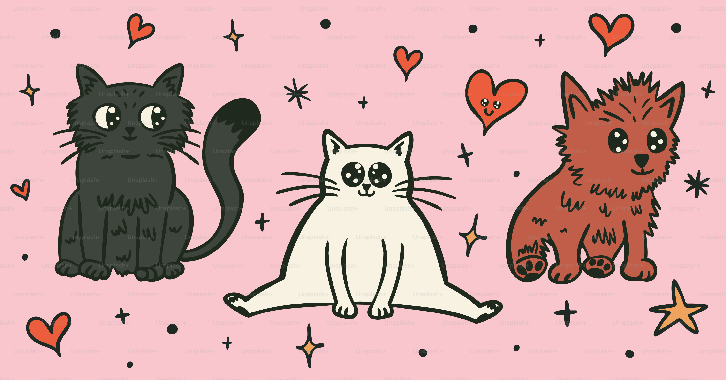 Cute cats and hearts on a pink background.