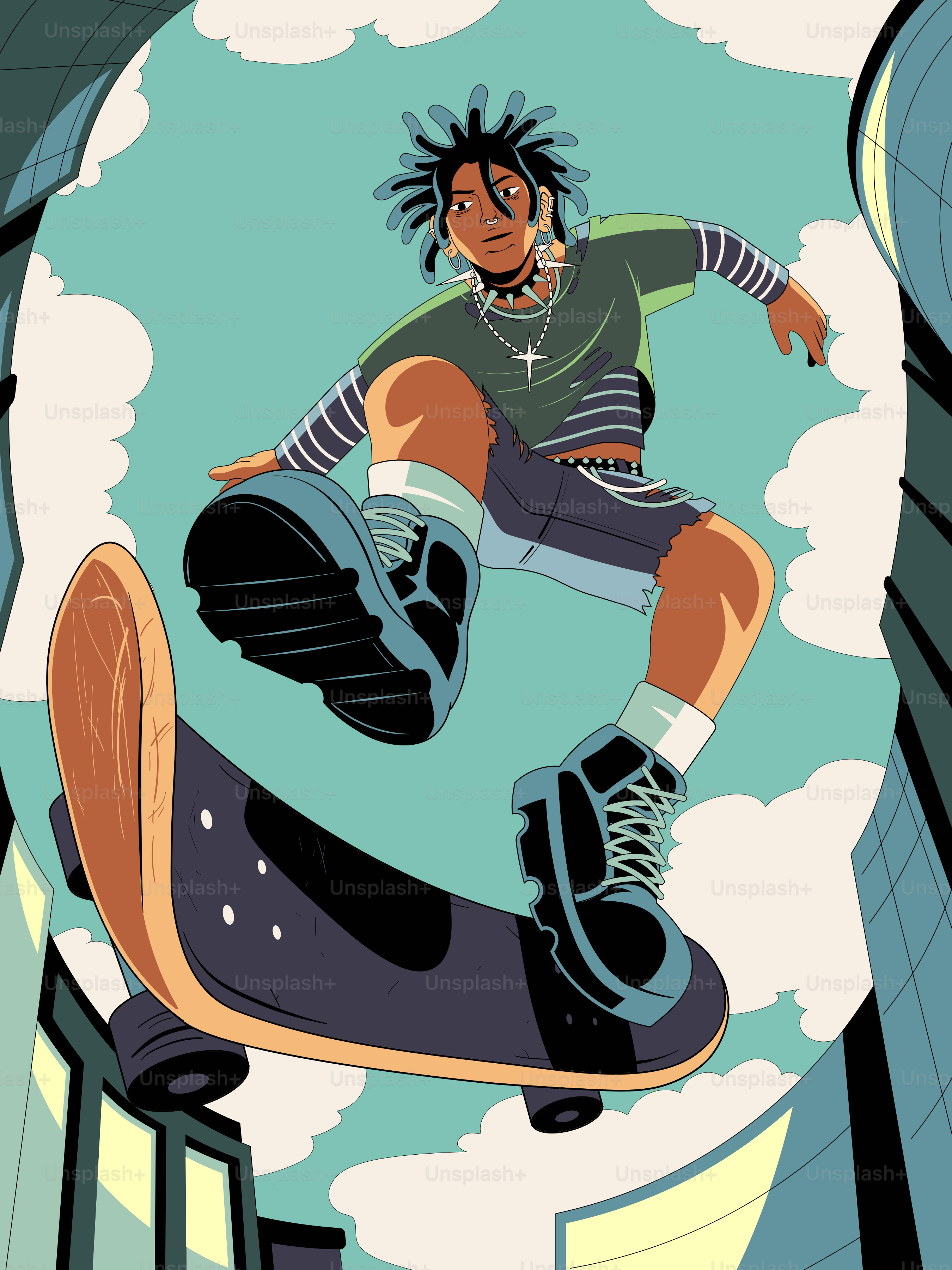 Ein Skateboarder springt hoch in die Stadt.