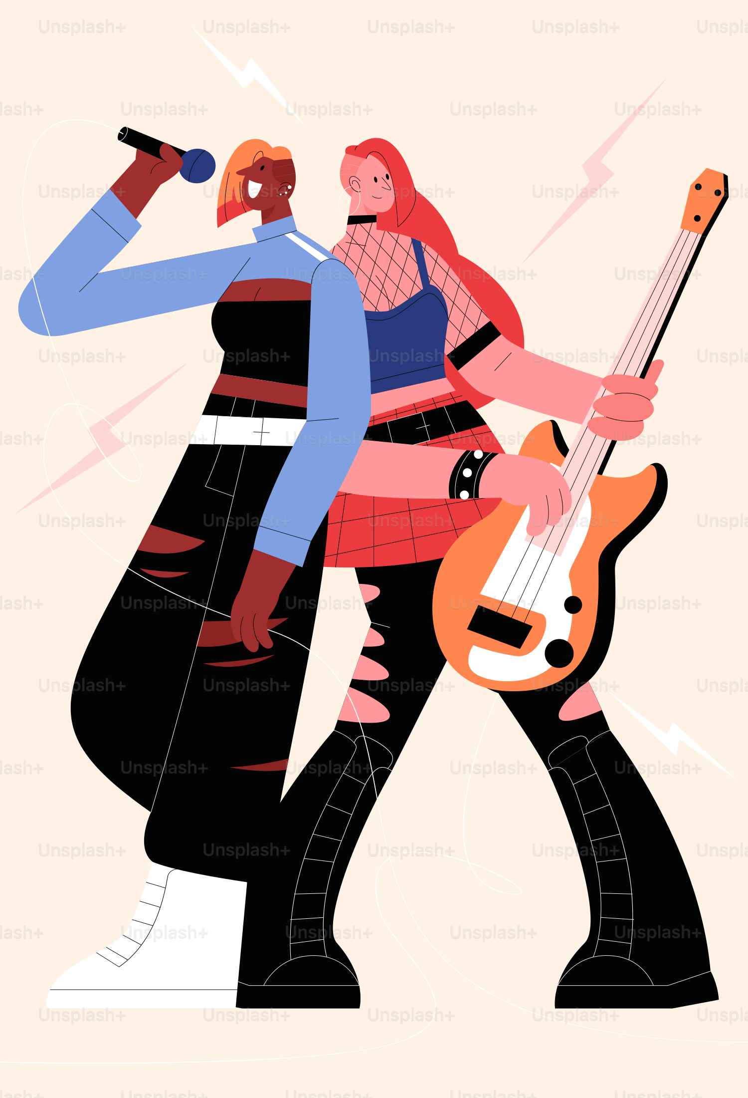 Los artistas de bandas de rock posan con instrumentos y micrófono.