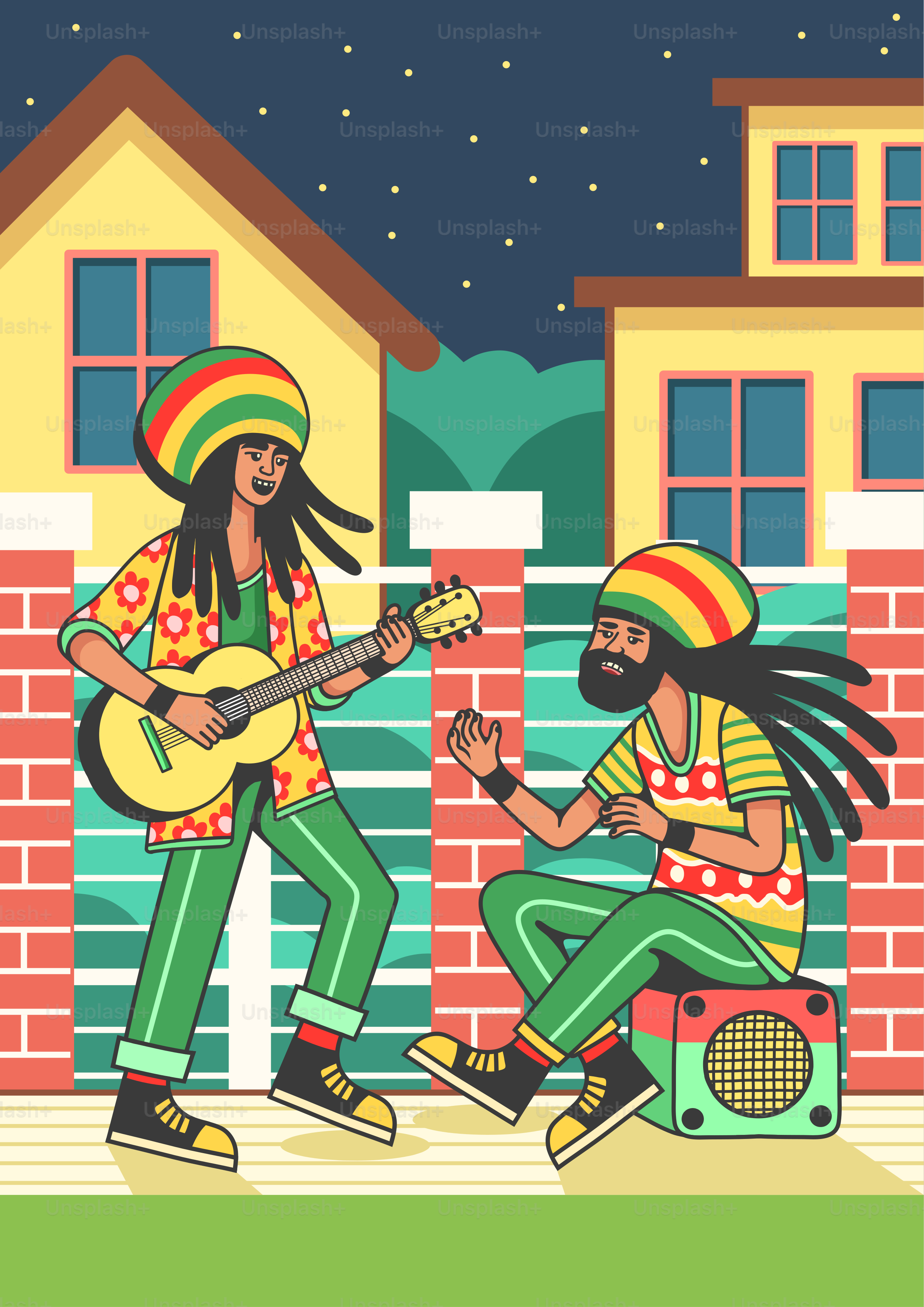 Two rastafarians are playing music outdoors at night.