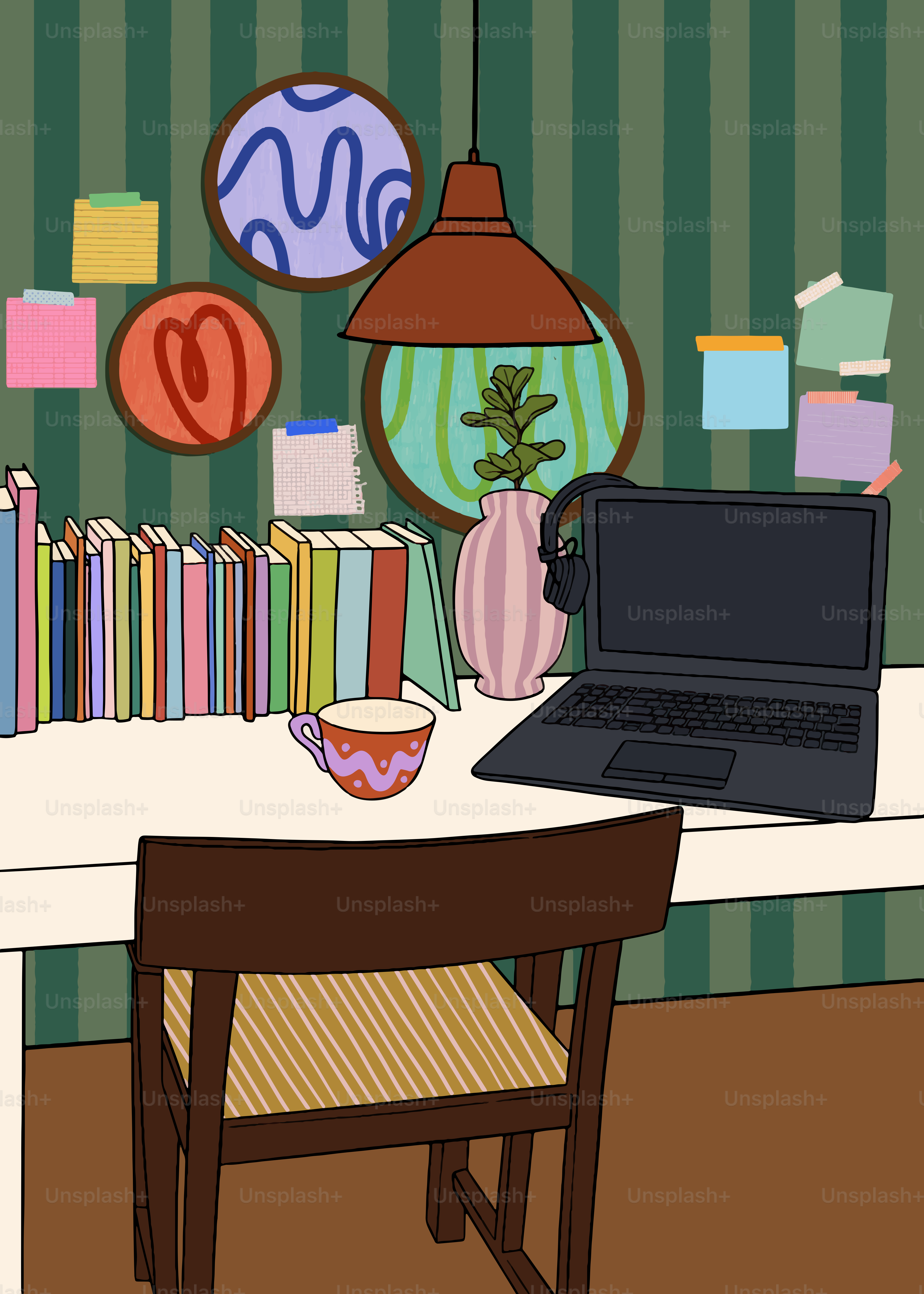 Um espaço de trabalho aconchegante com livros, laptop e decoração.