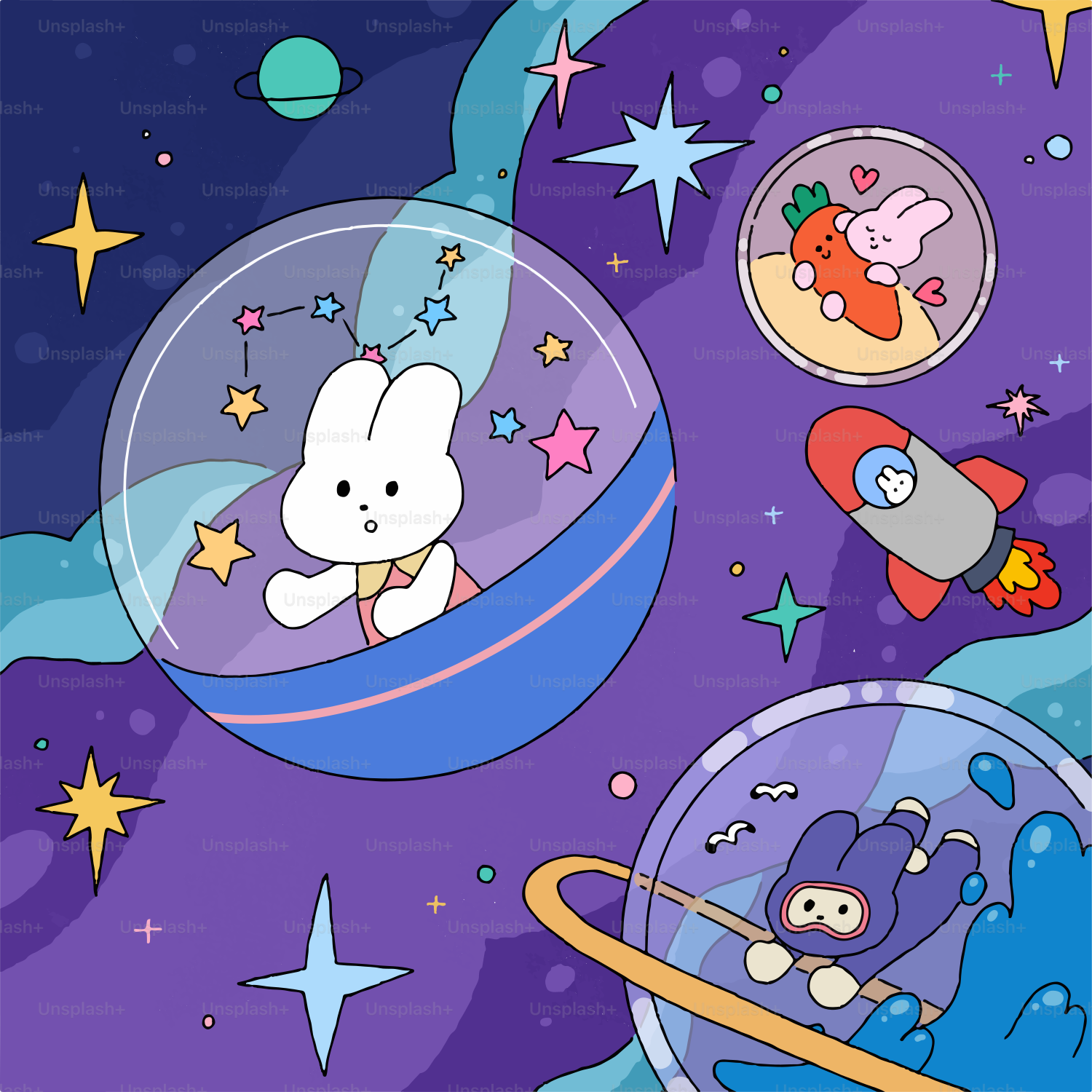 Cute bunnies explore space in bubbles and rockets.