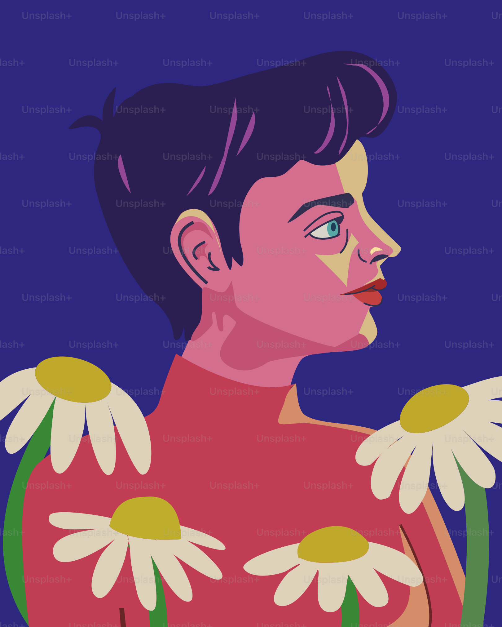 A portrait of a person adorned with flowers.