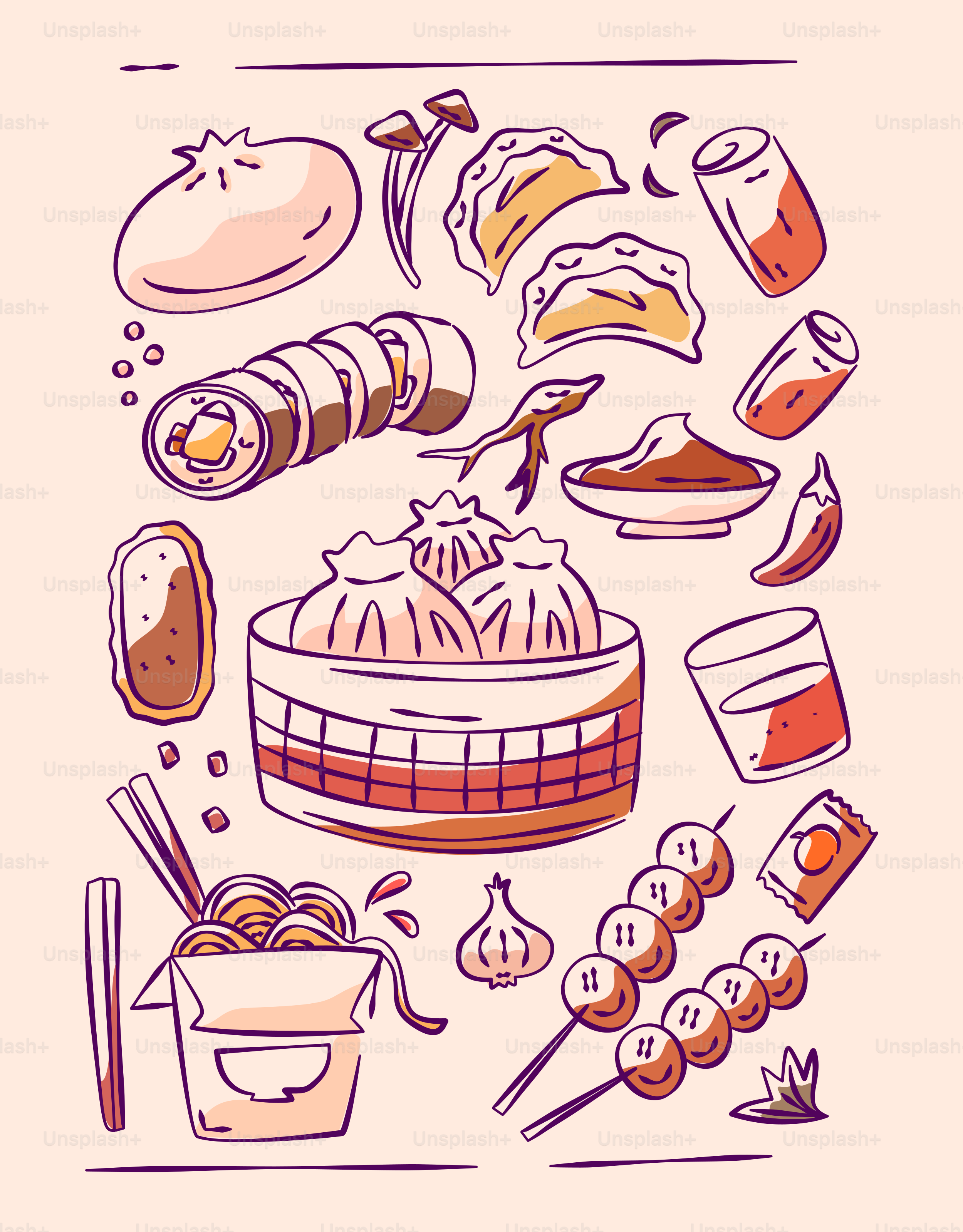 Asian food art shows various delicious dishes.