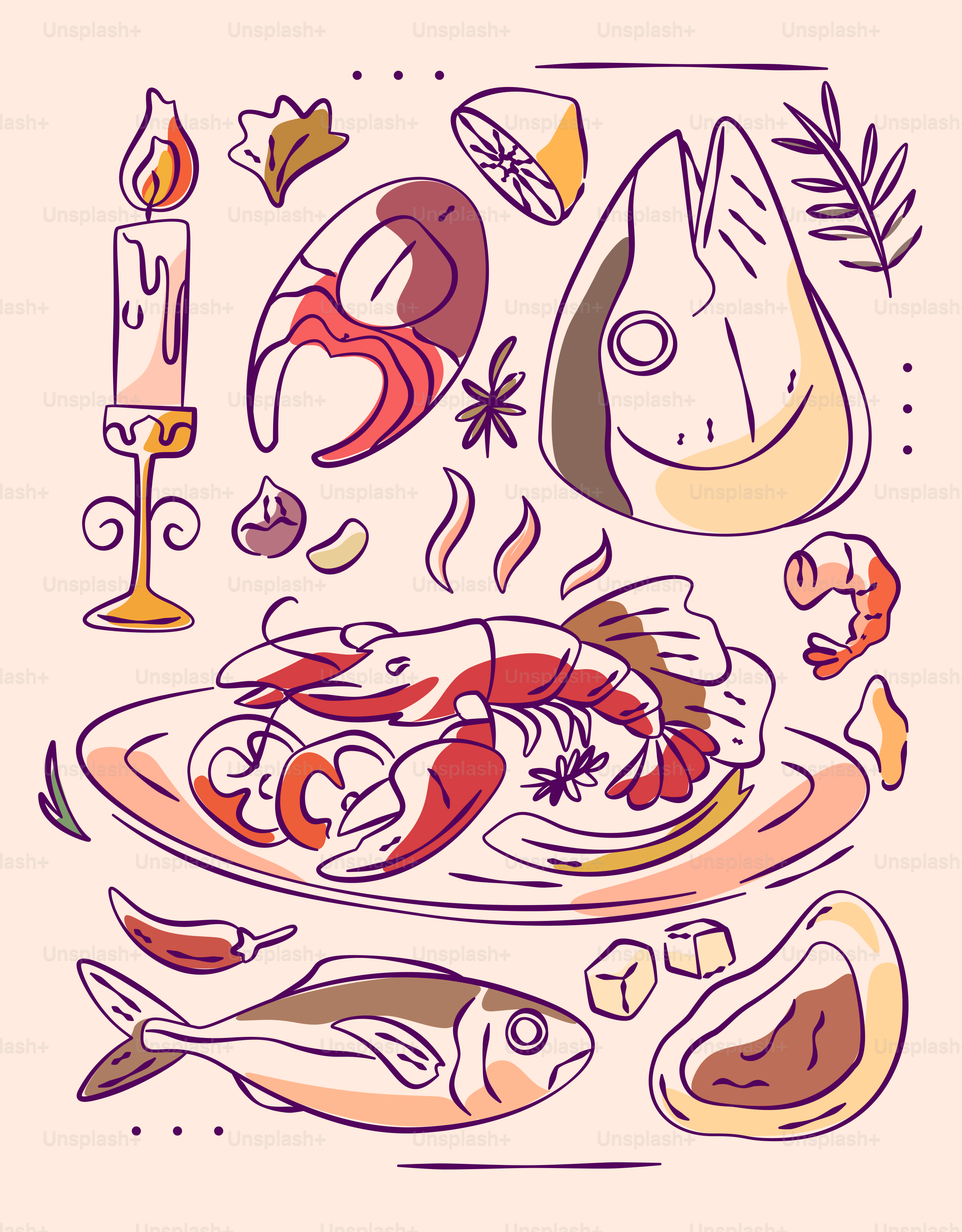 Delicious seafood feast with romantic candle.