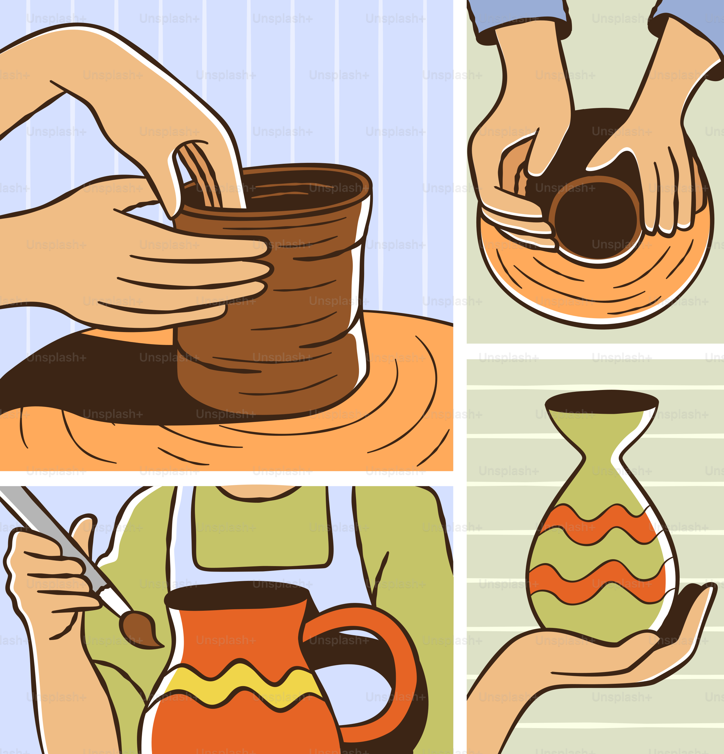 Pottery creation: shaping, painting, and glazing a vase.