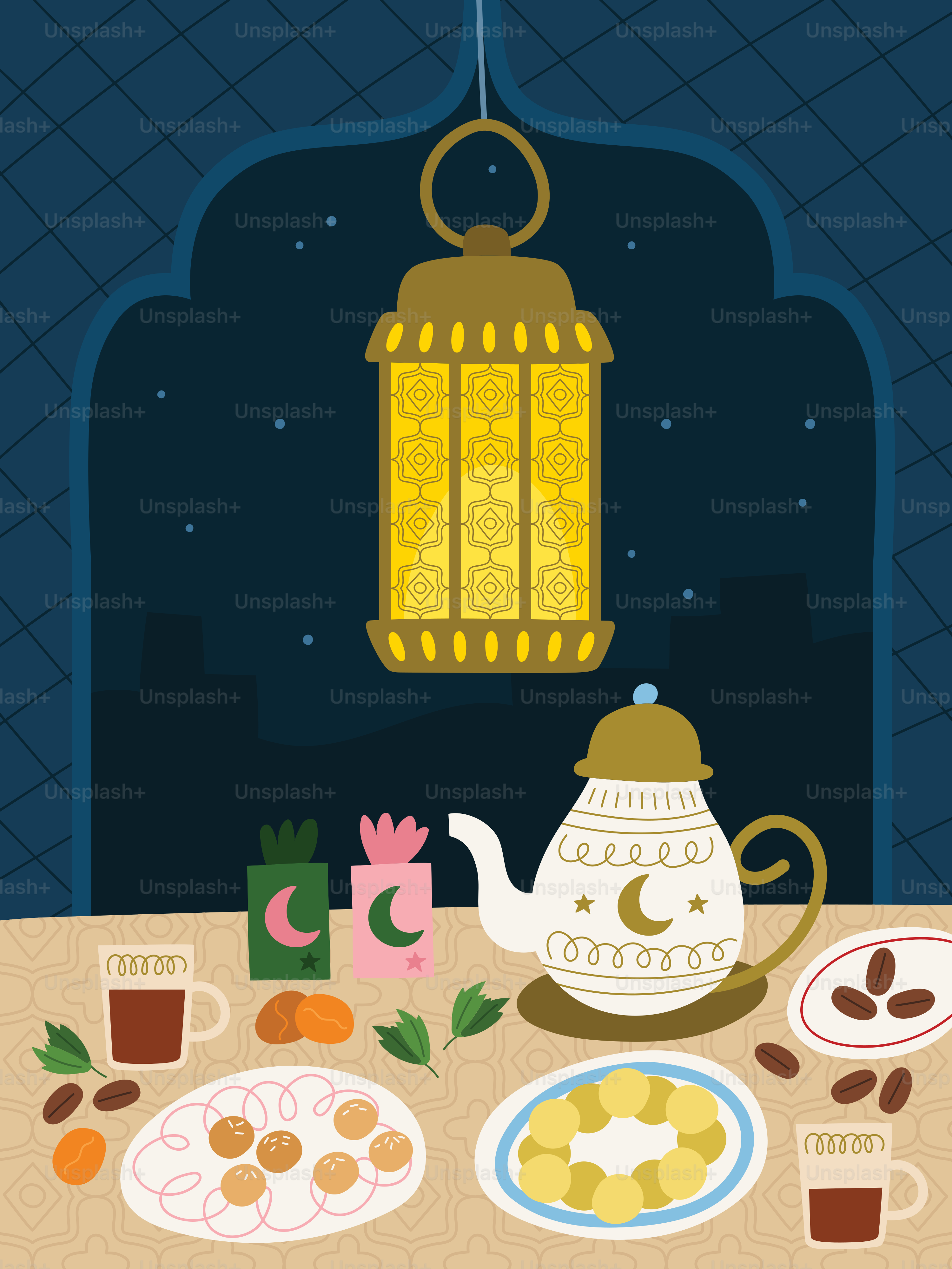 Ramadan meal set under a lantern.