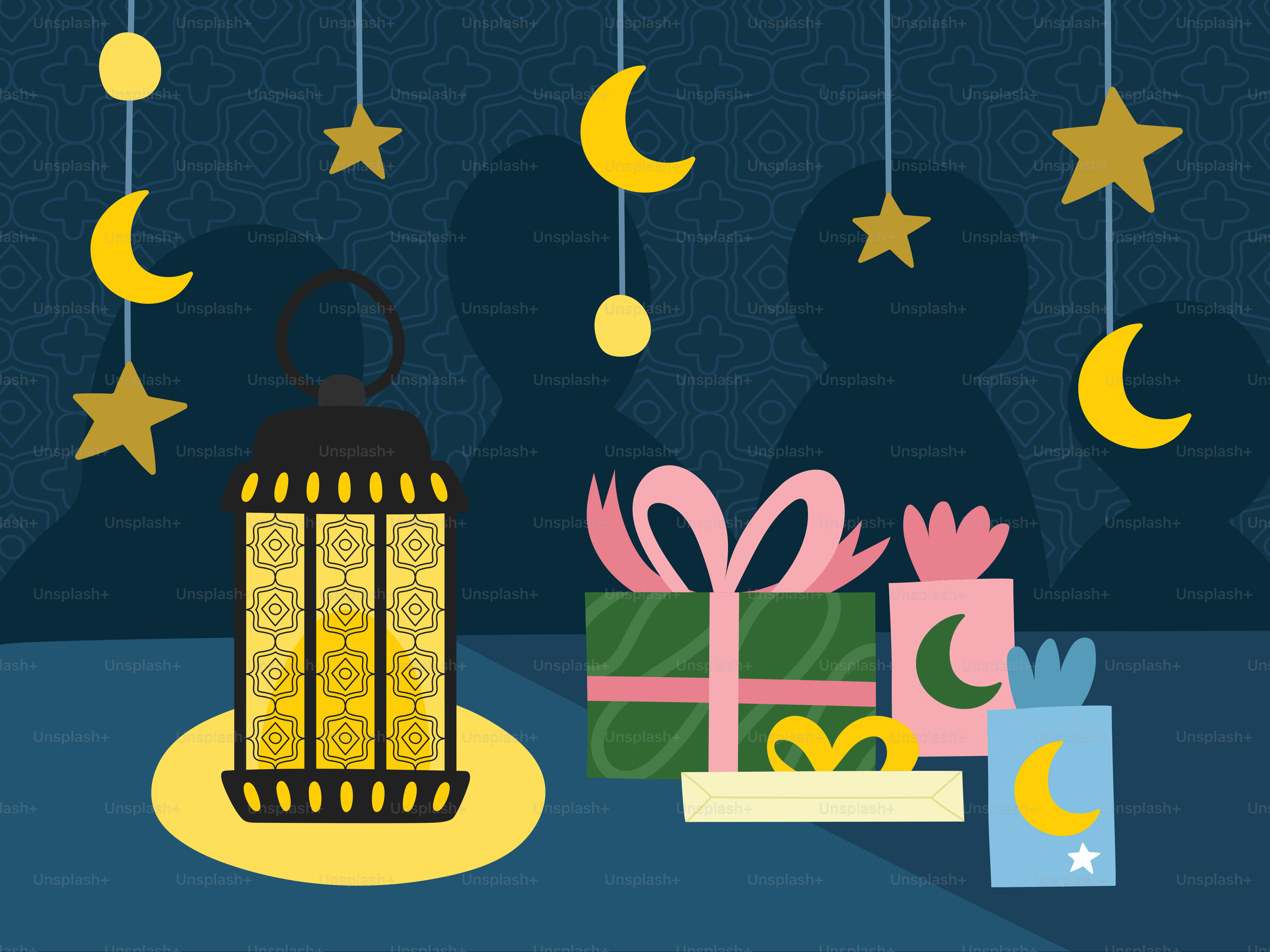 Lantern, presents, and festive moons decorate the scene.