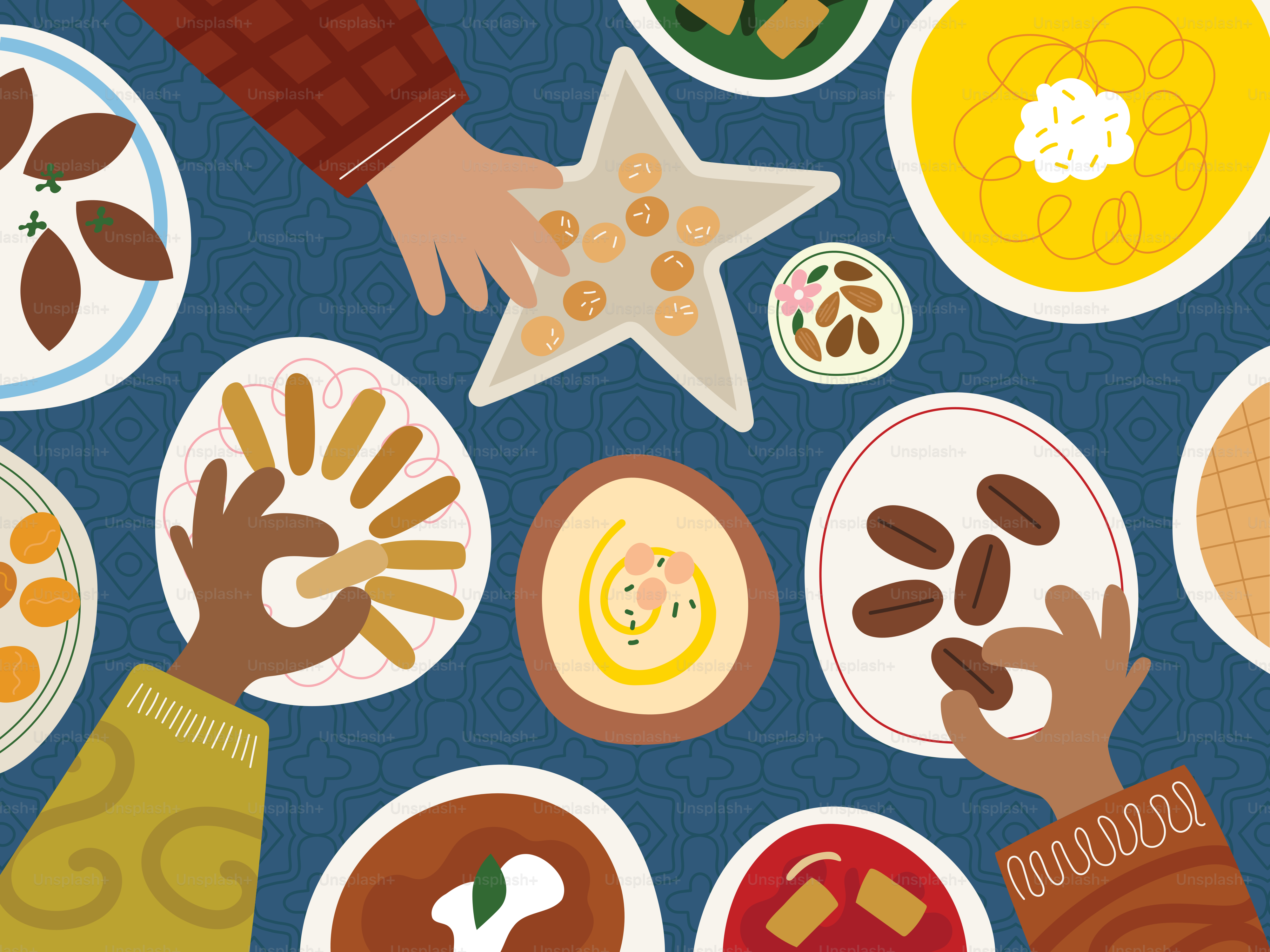 People are reaching for food on a festive, colorful table.