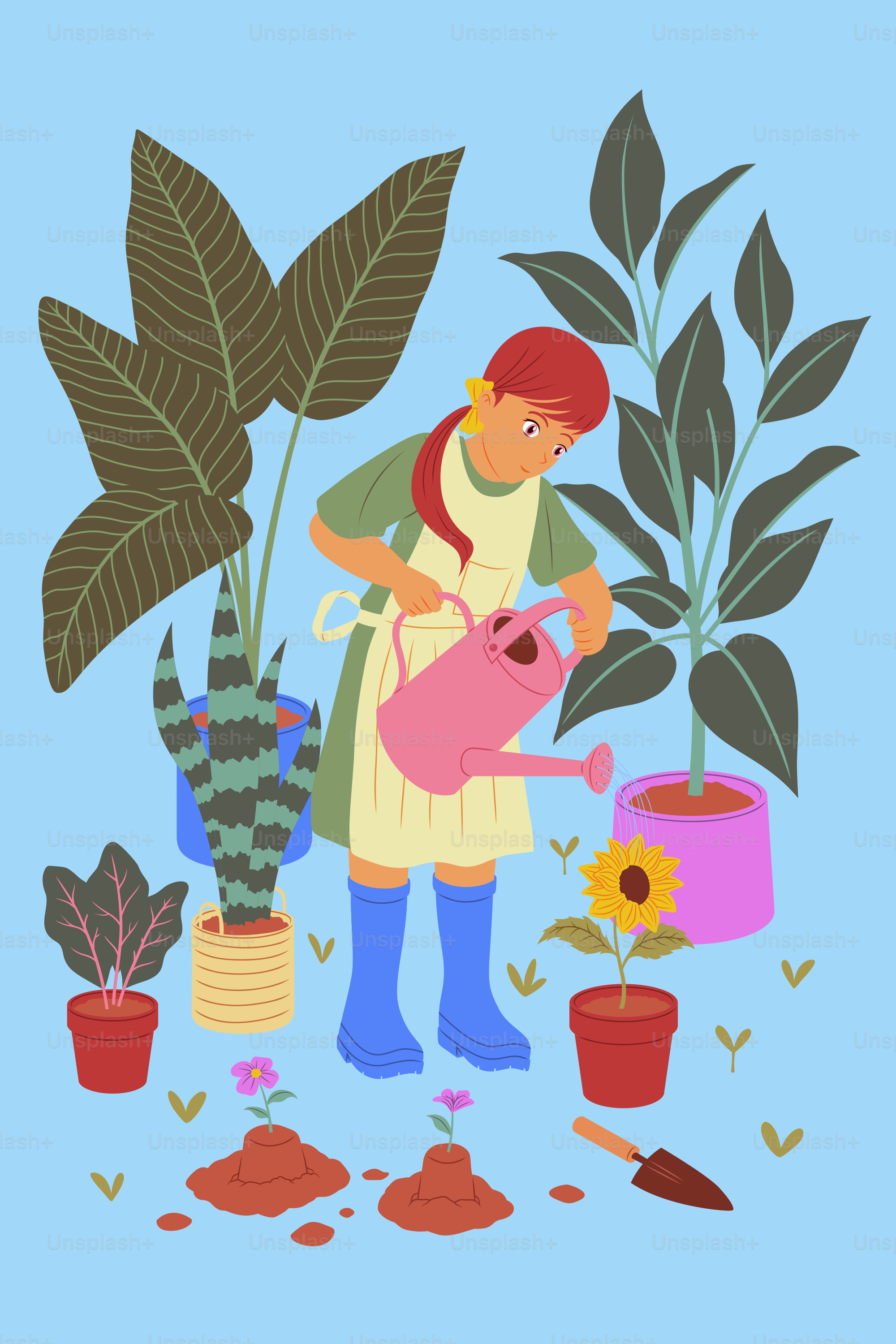 Uma mulher rega suas plantas e flores em seu jardim.