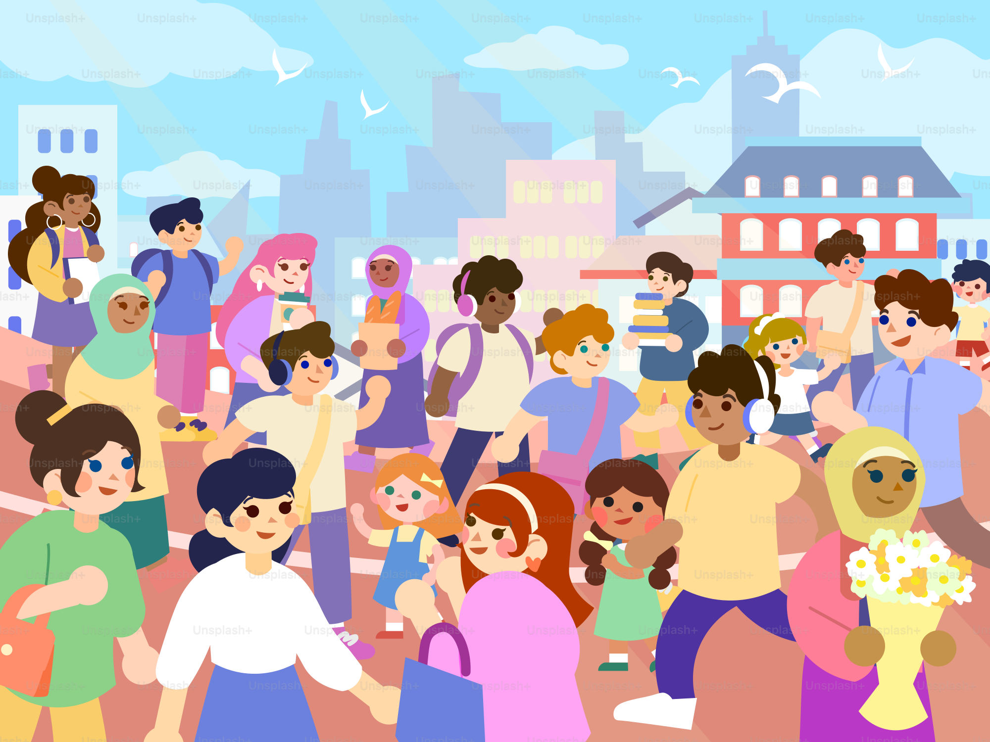 People are gathered together in a bustling city.