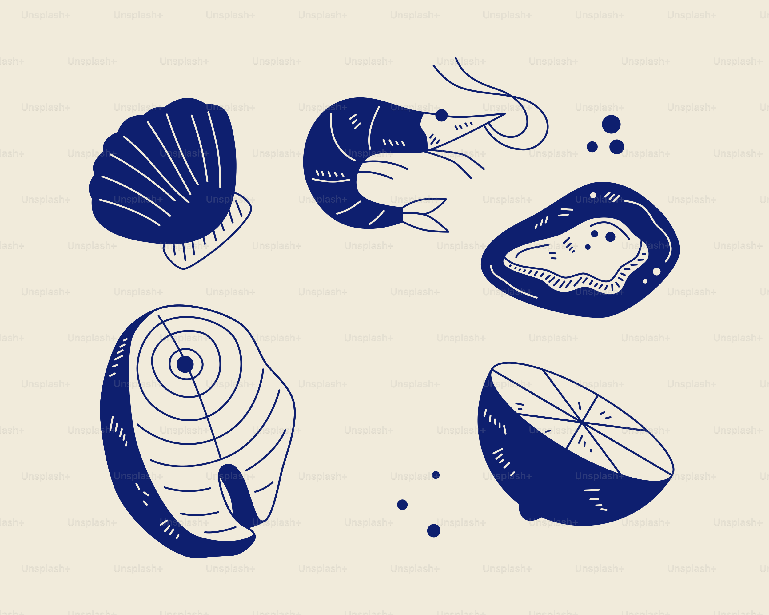 Seafood illustrations: scallop, shrimp, oyster, fish, lemon.