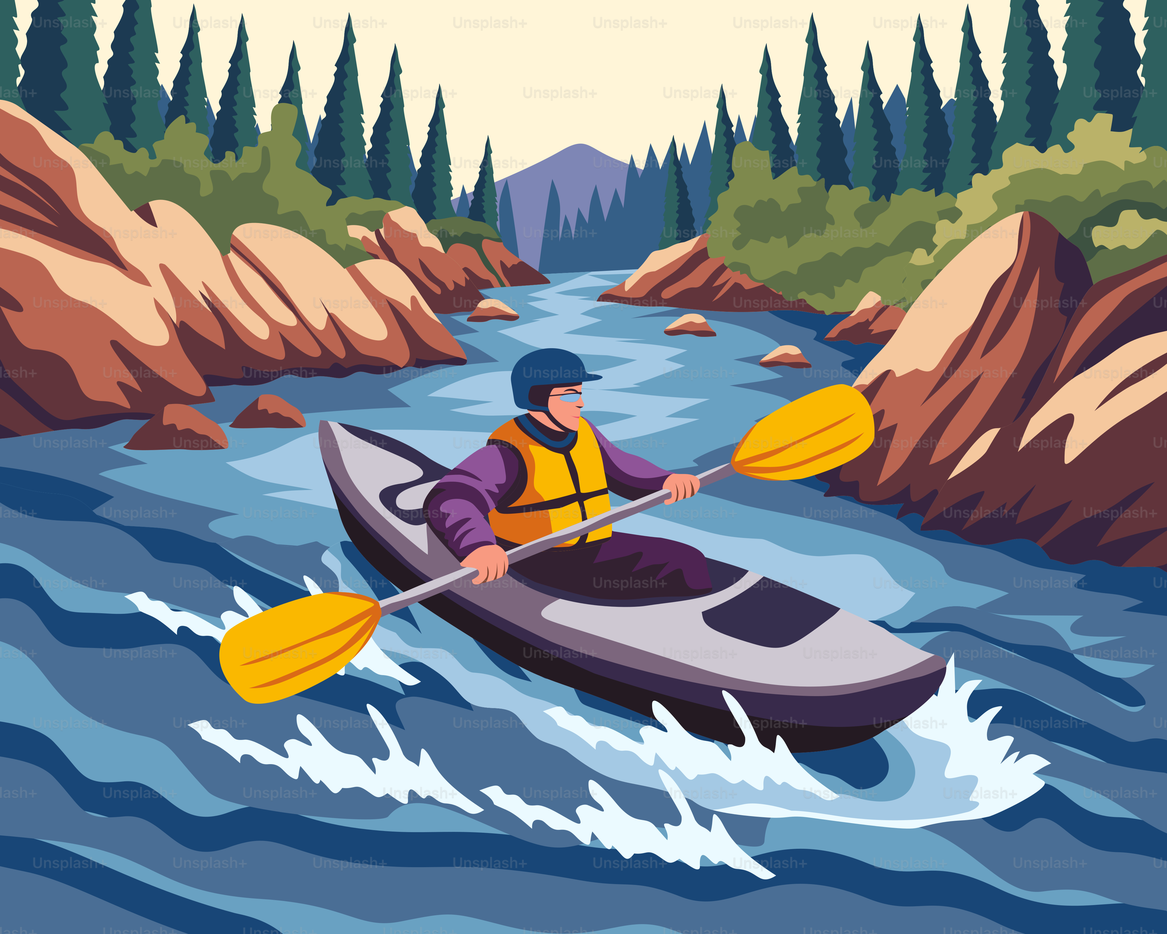 A person kayaks down a rushing river.