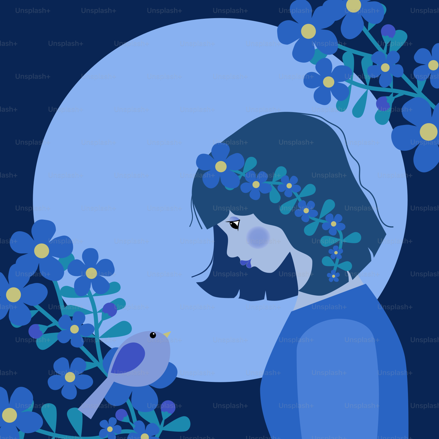 A girl with flowers and a bird.