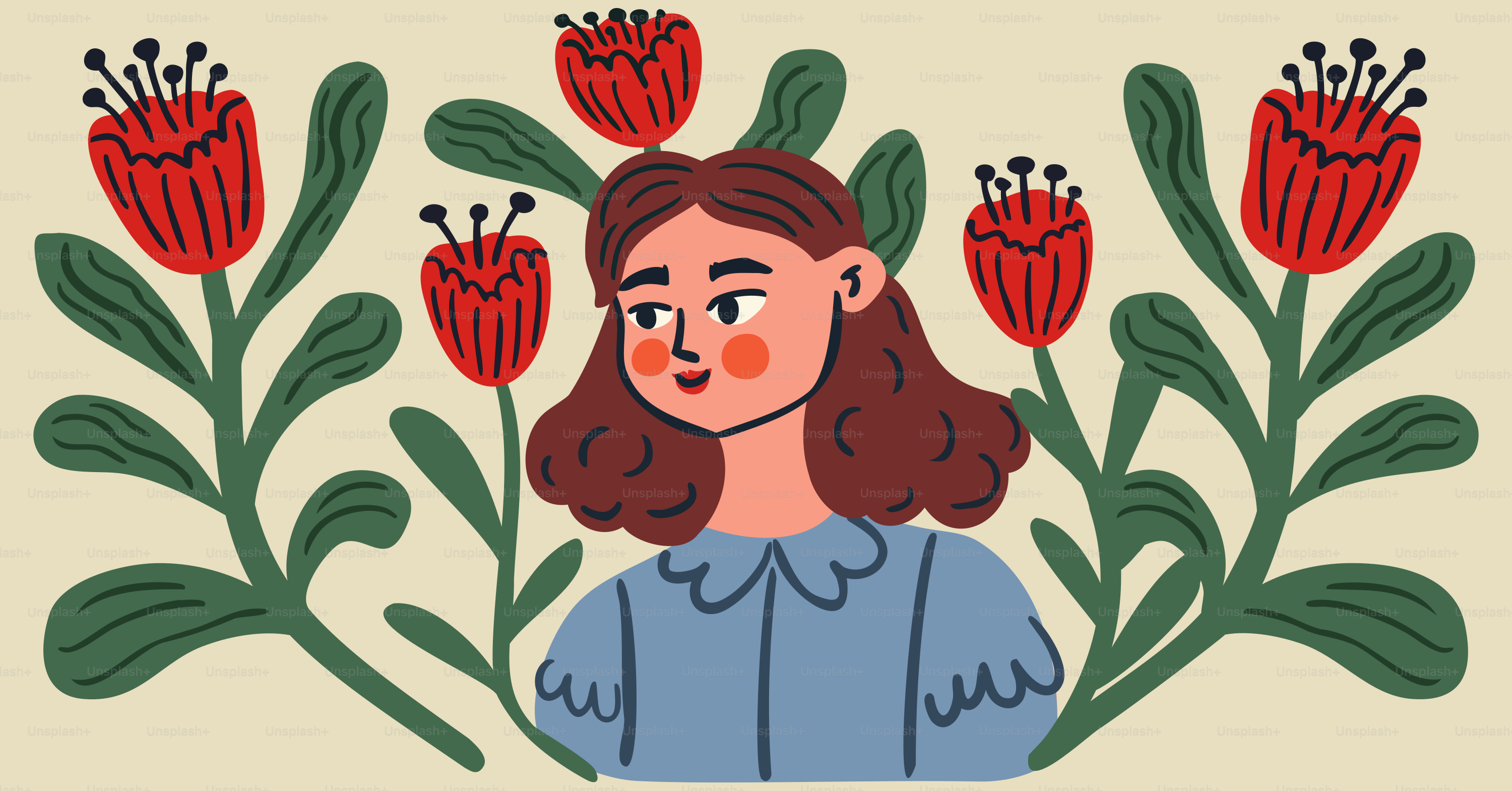 A woman surrounded by flowers.