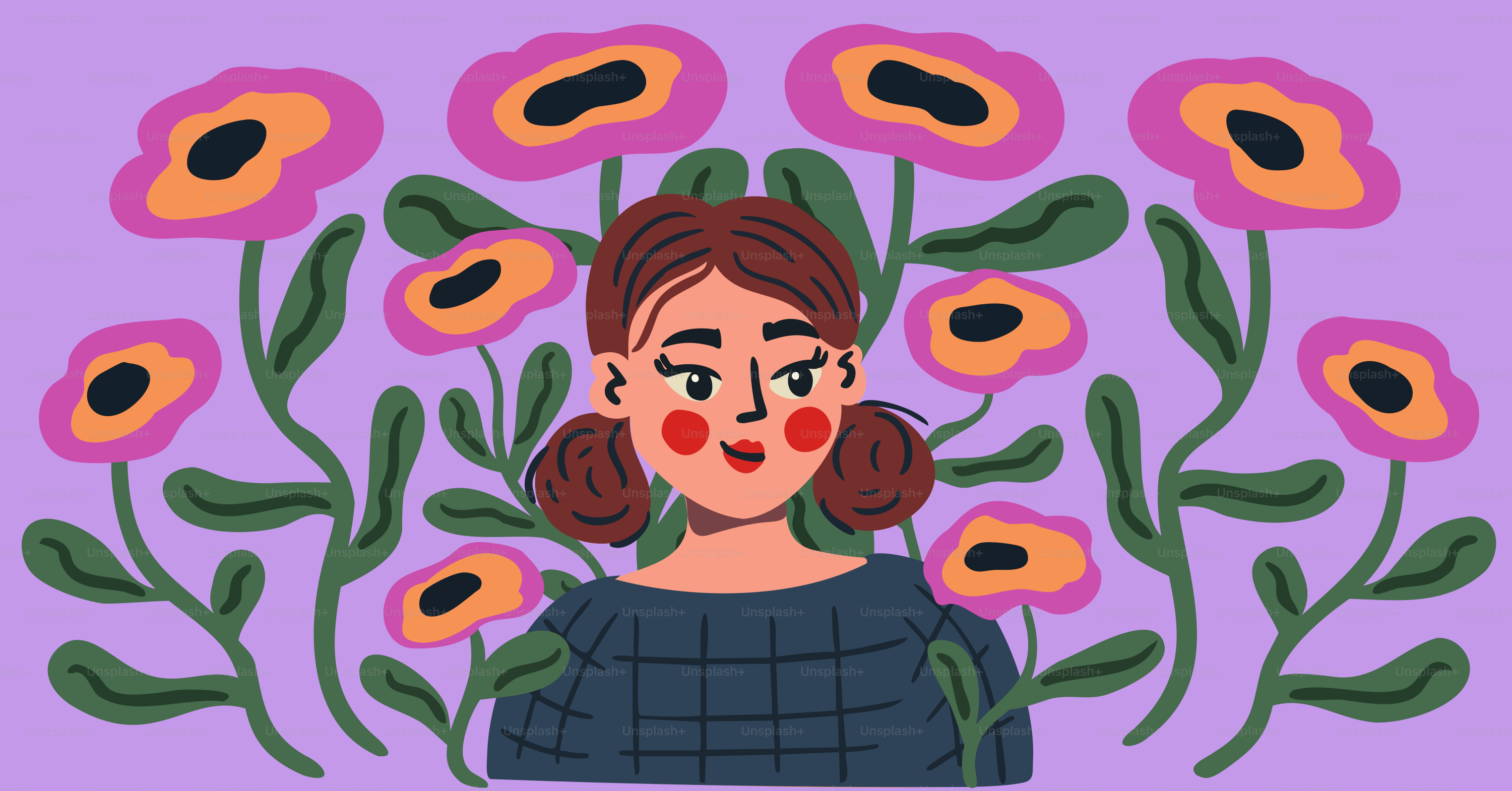 A woman surrounded by decorative flowers.