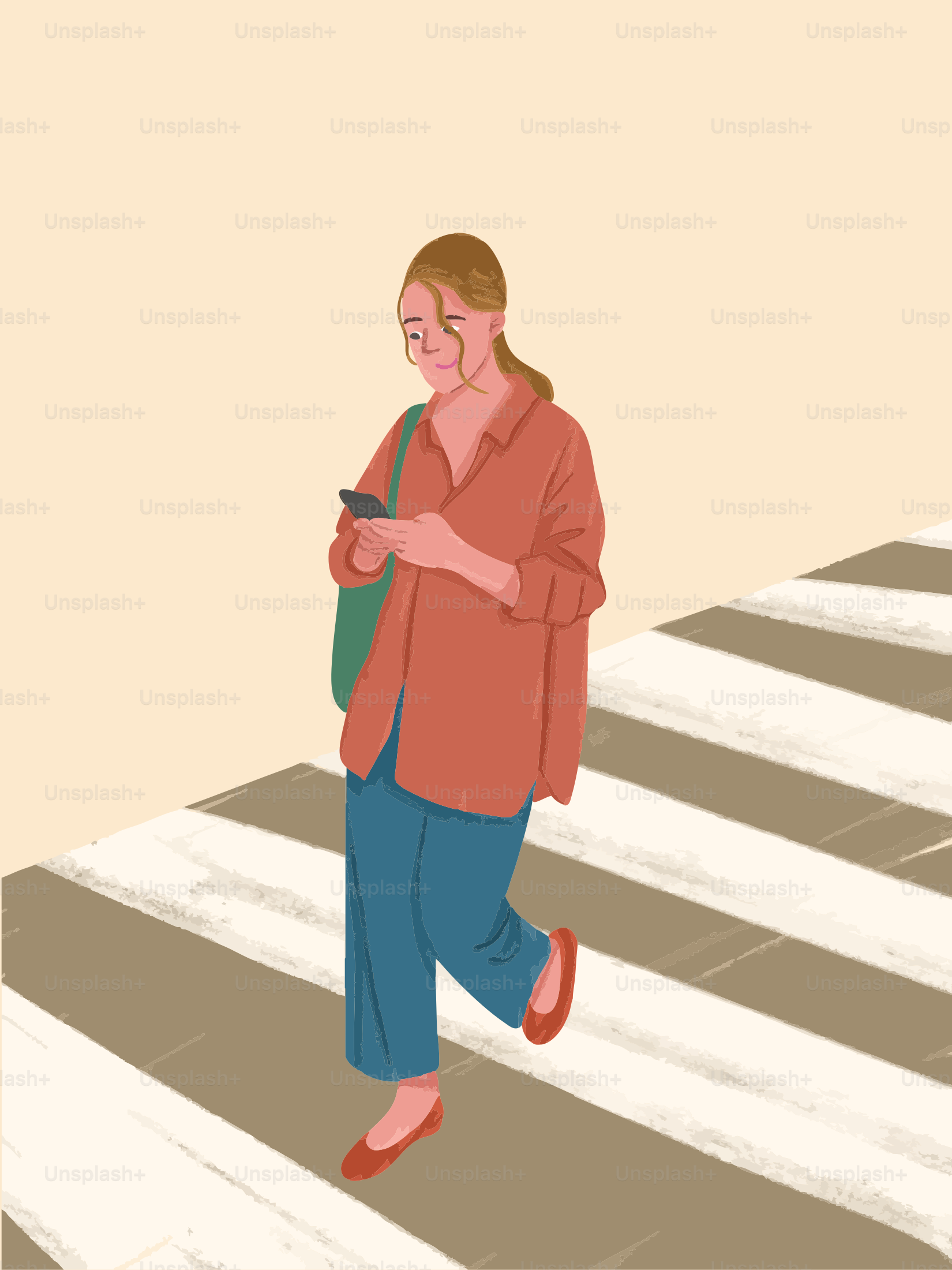 Mulher usando o celular enquanto atravessa a rua.