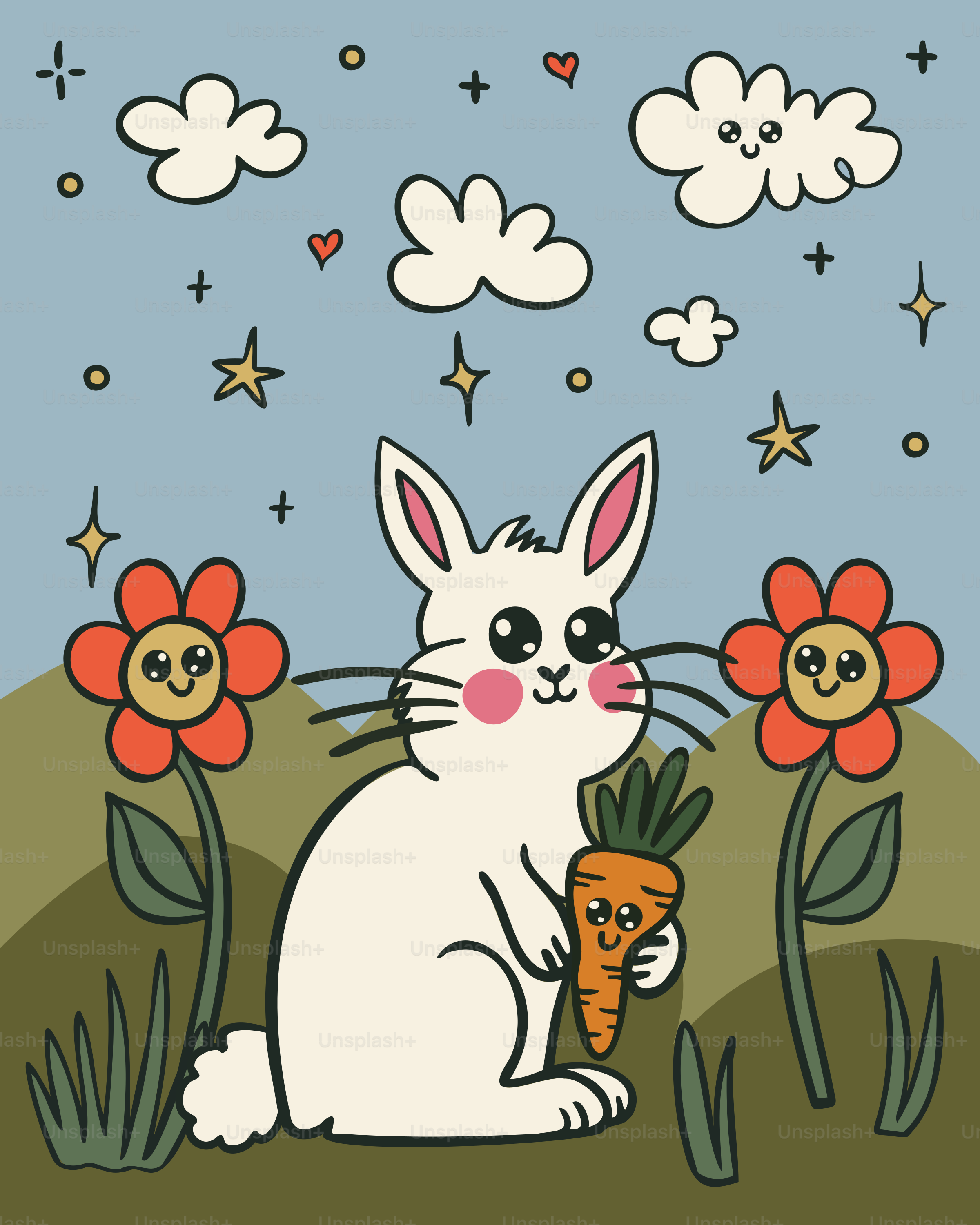 A cute bunny holds a carrot in the meadow.