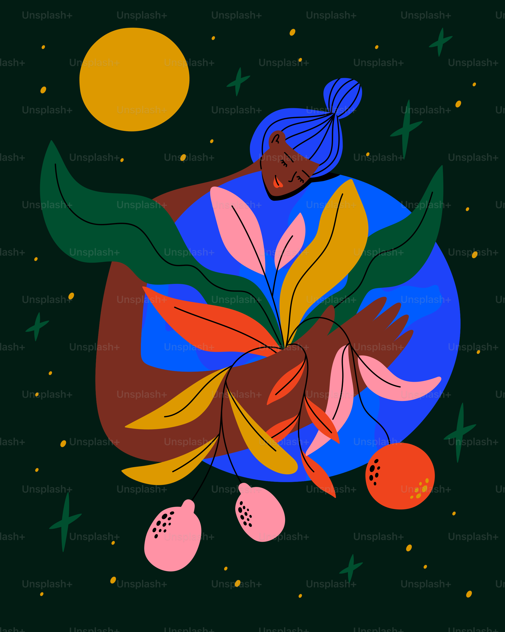 Woman embraces planet earth surrounded by nature.