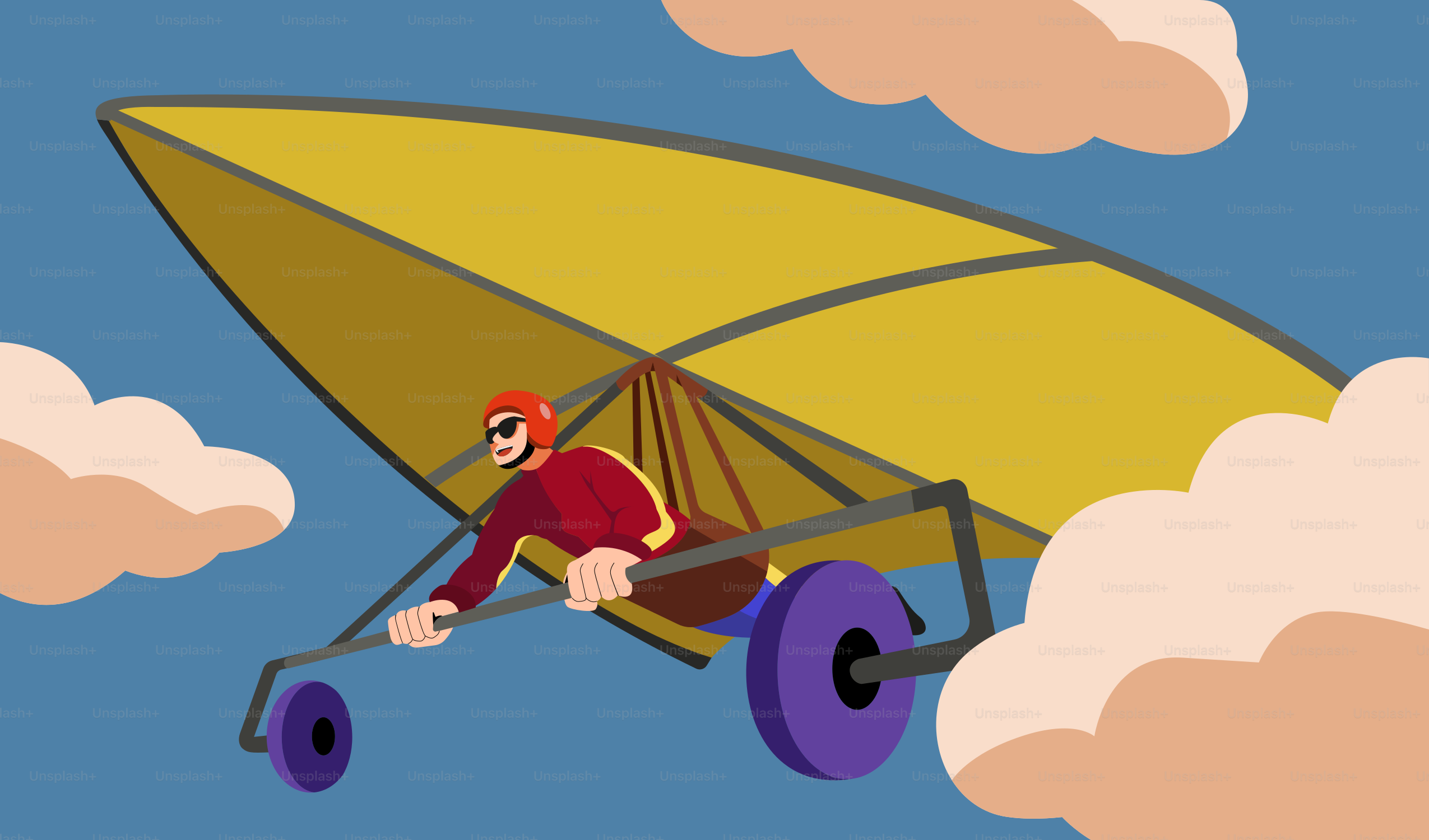 Una persona está volando en ala delta en el cielo nublado. vector ...