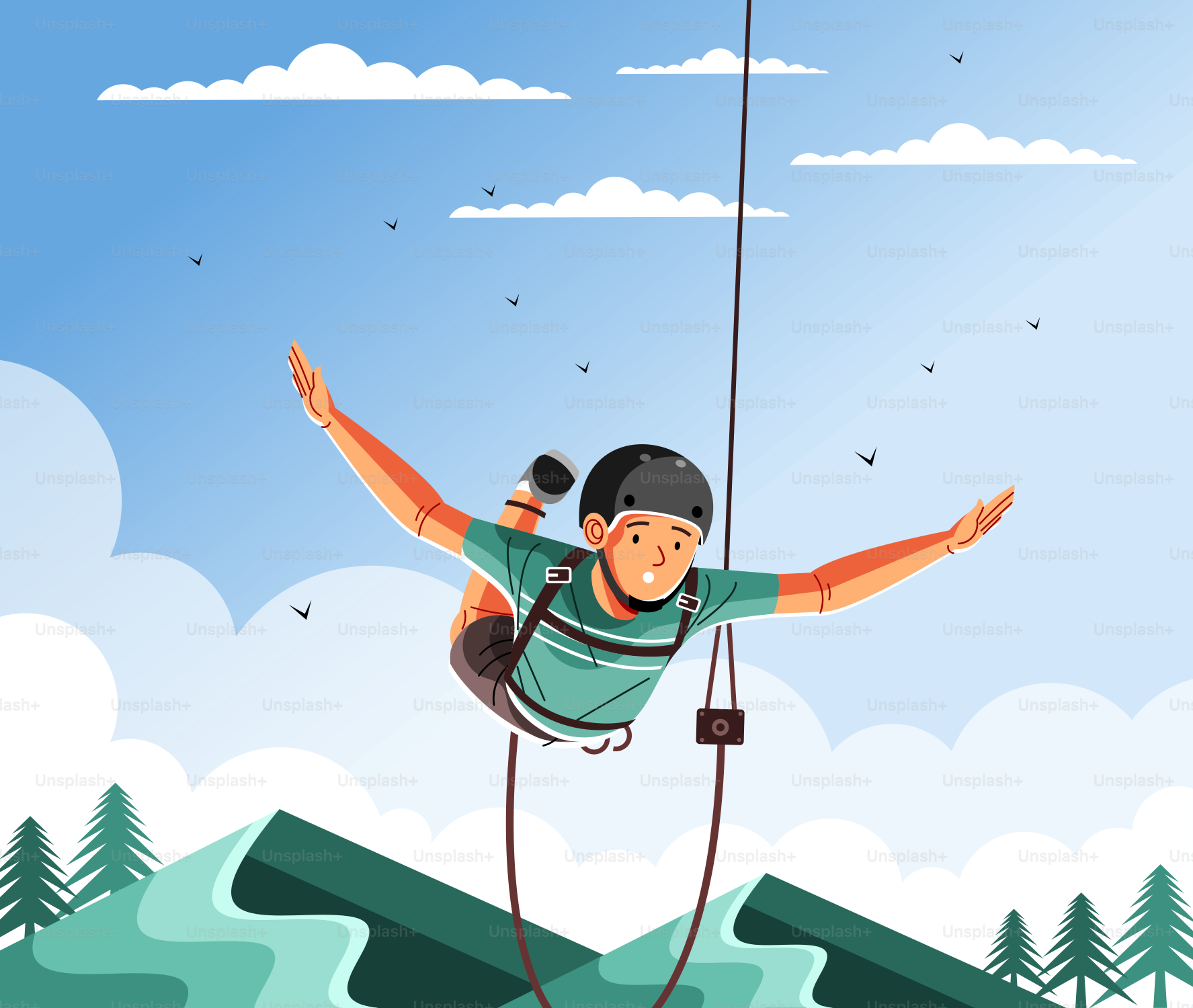 A person ziplines with open arms, smiling.