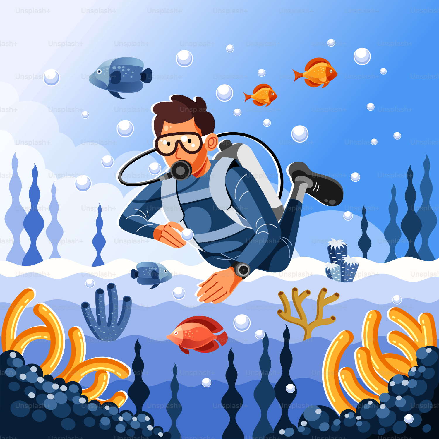Scuba diver exploring the ocean with fish.