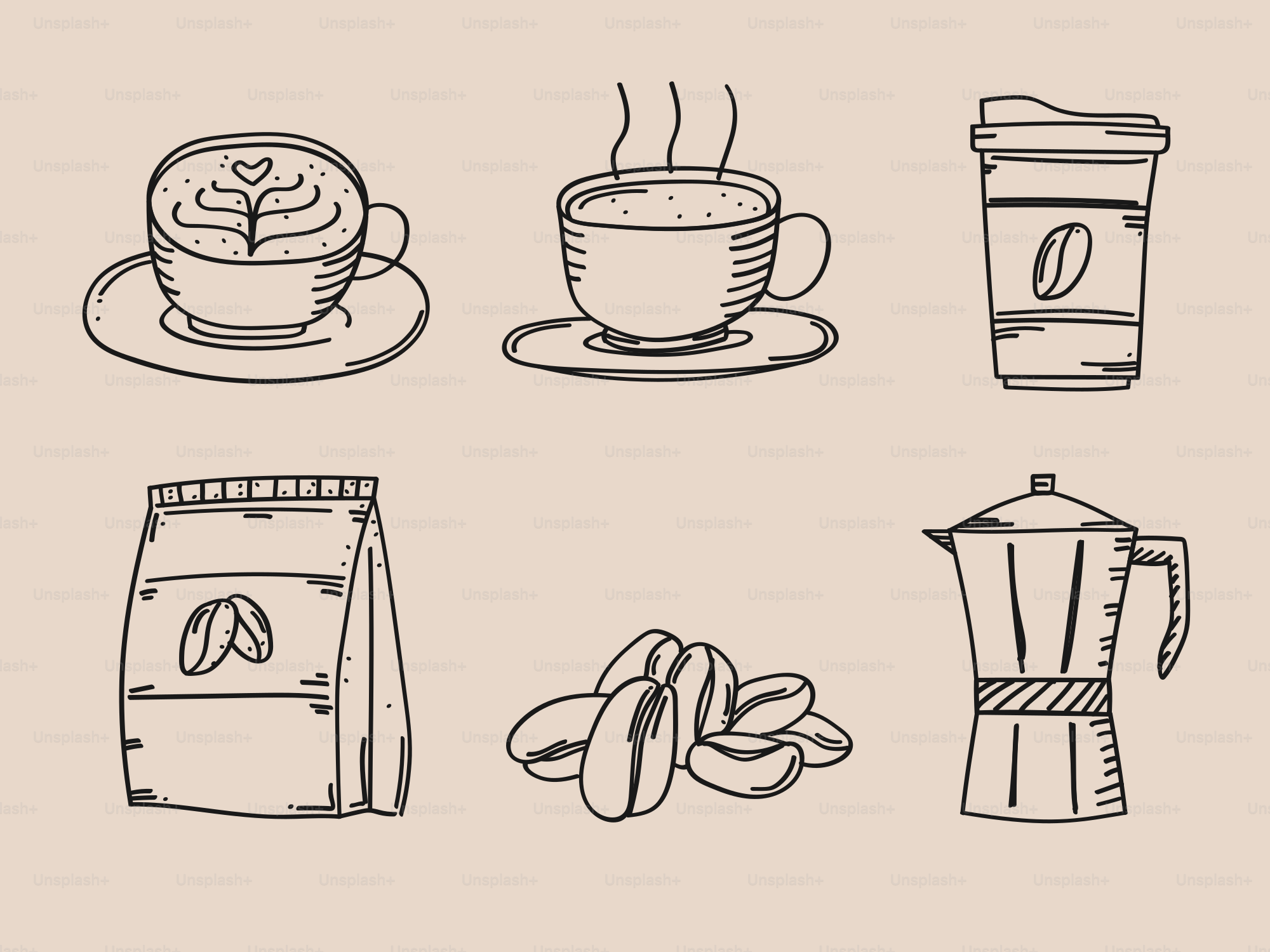 Disegni relativi al caffè, inclusi chicchi e attrezzature per la preparazione.