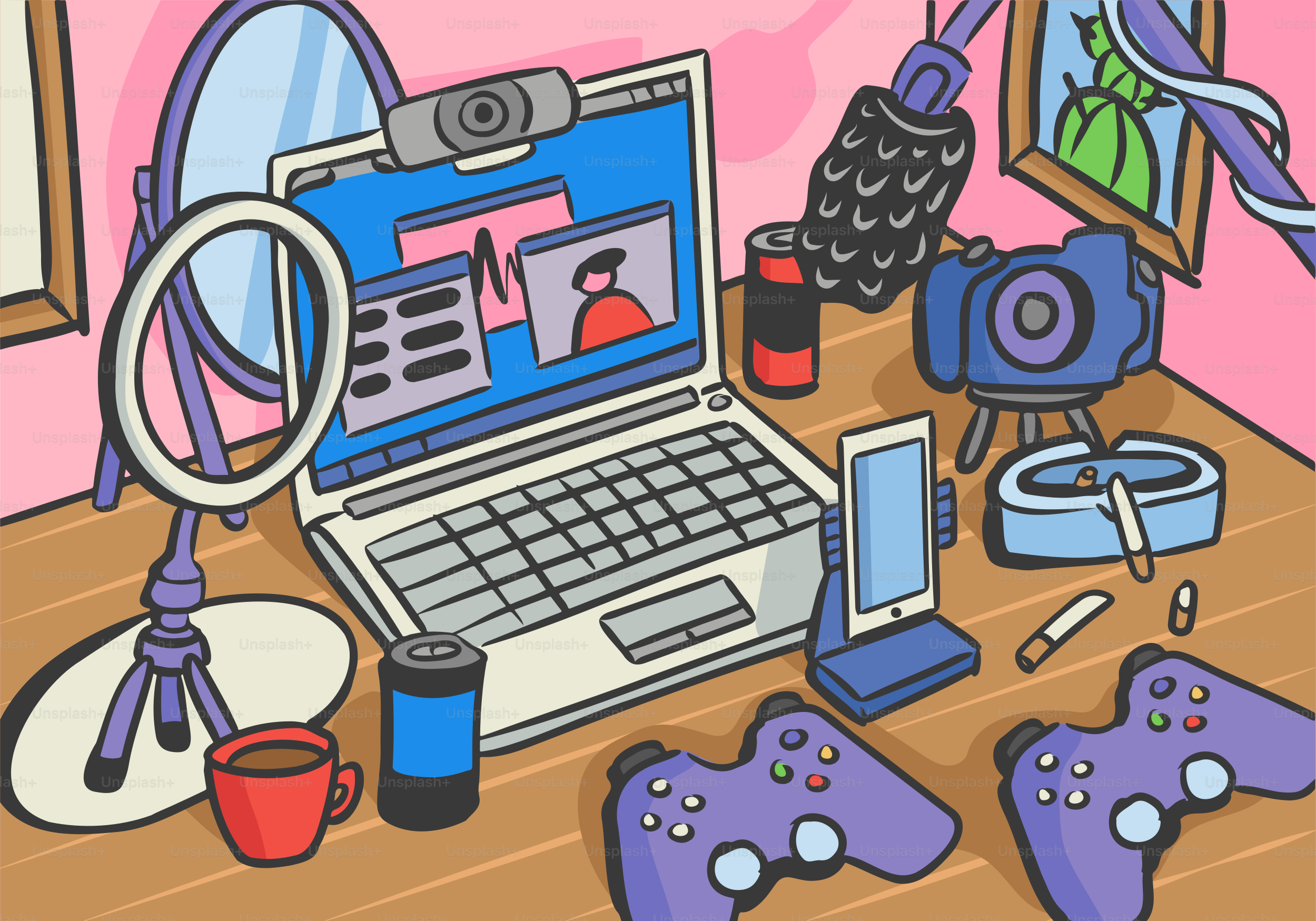 A gamer's setup with streaming equipment.