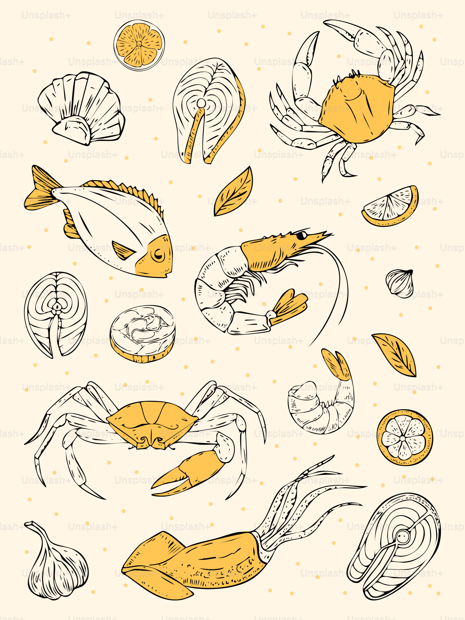 Seafood illustration with fish, crab, shrimp, and more.