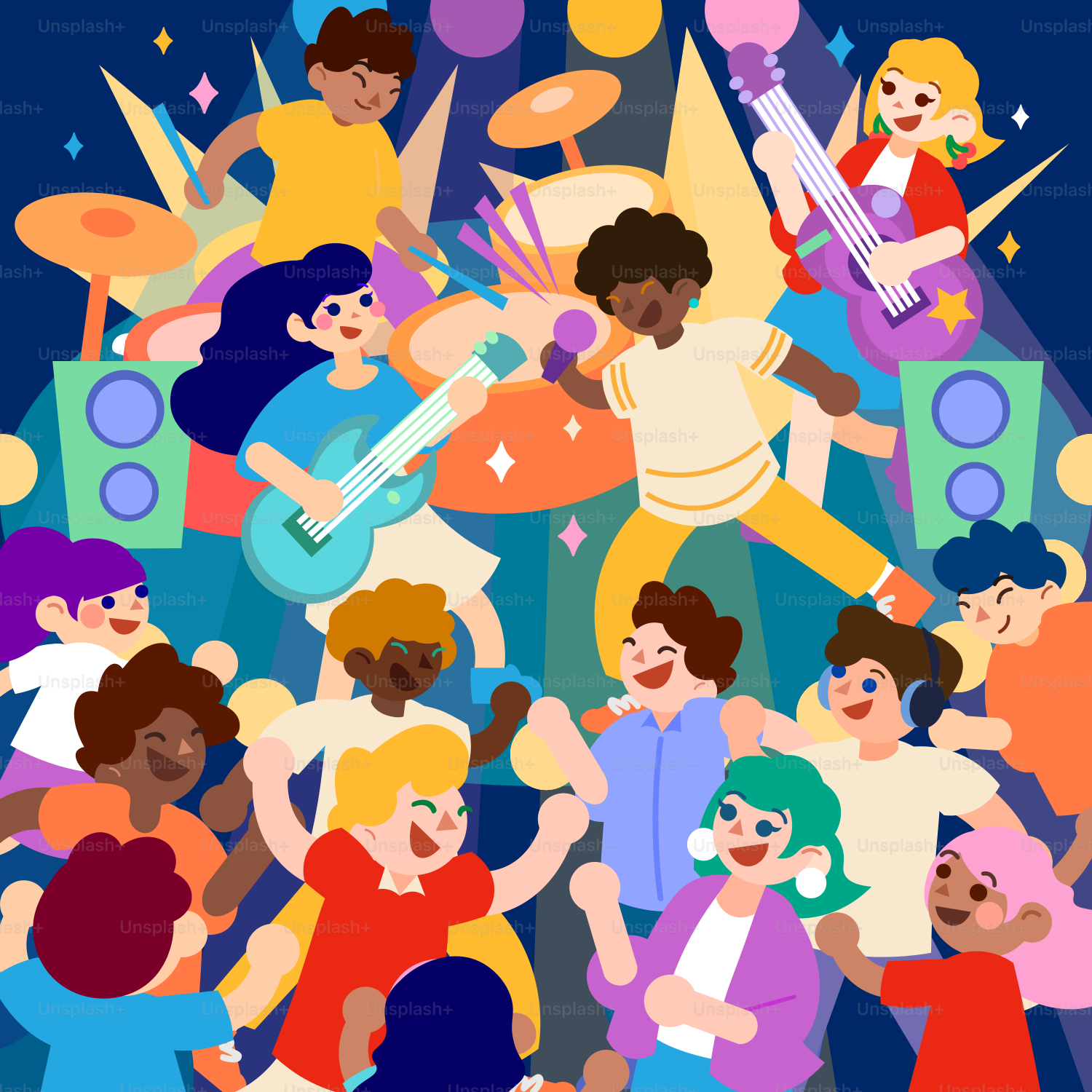 Kids are dancing and playing music at a concert.