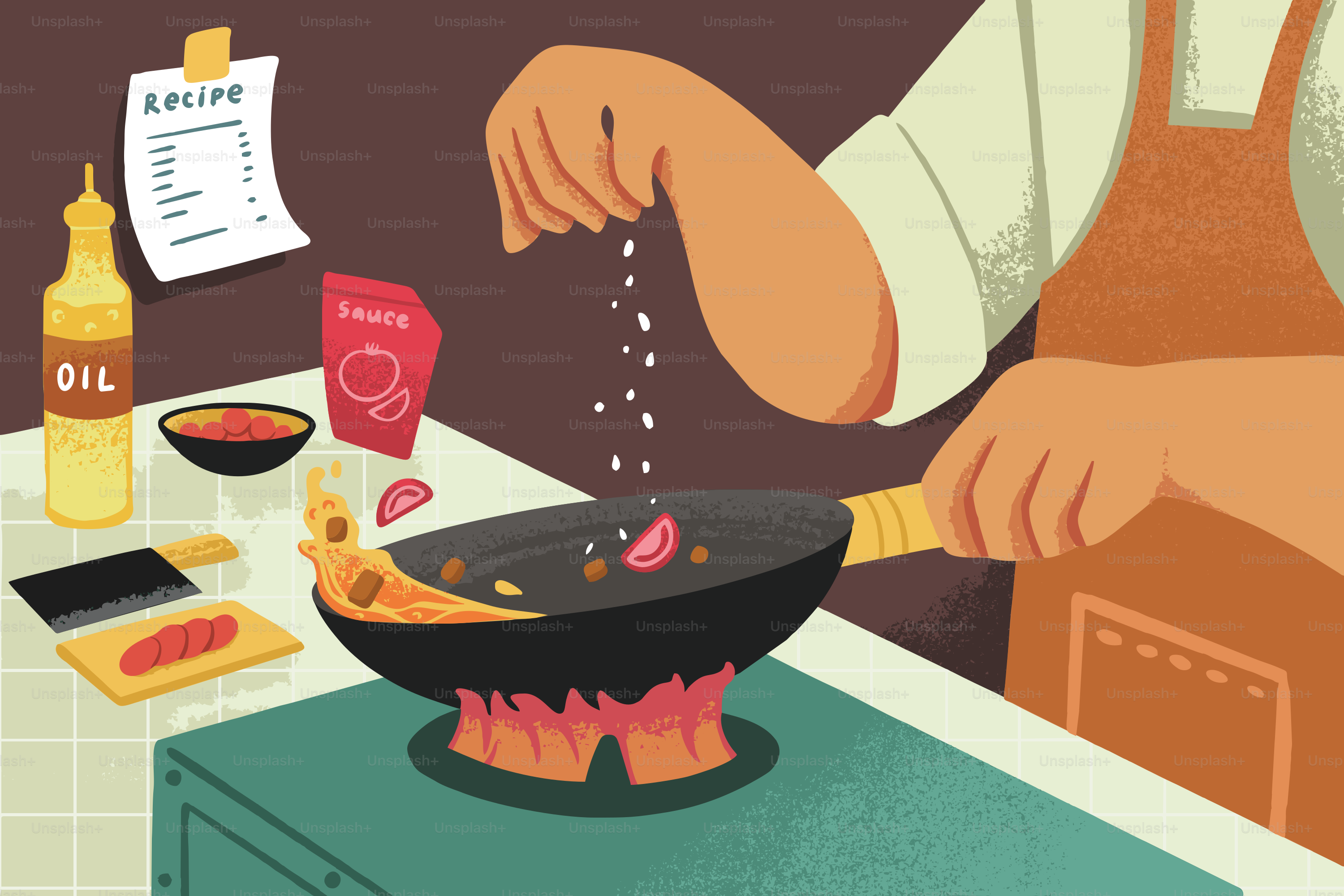 A cook is adding salt to food while cooking.