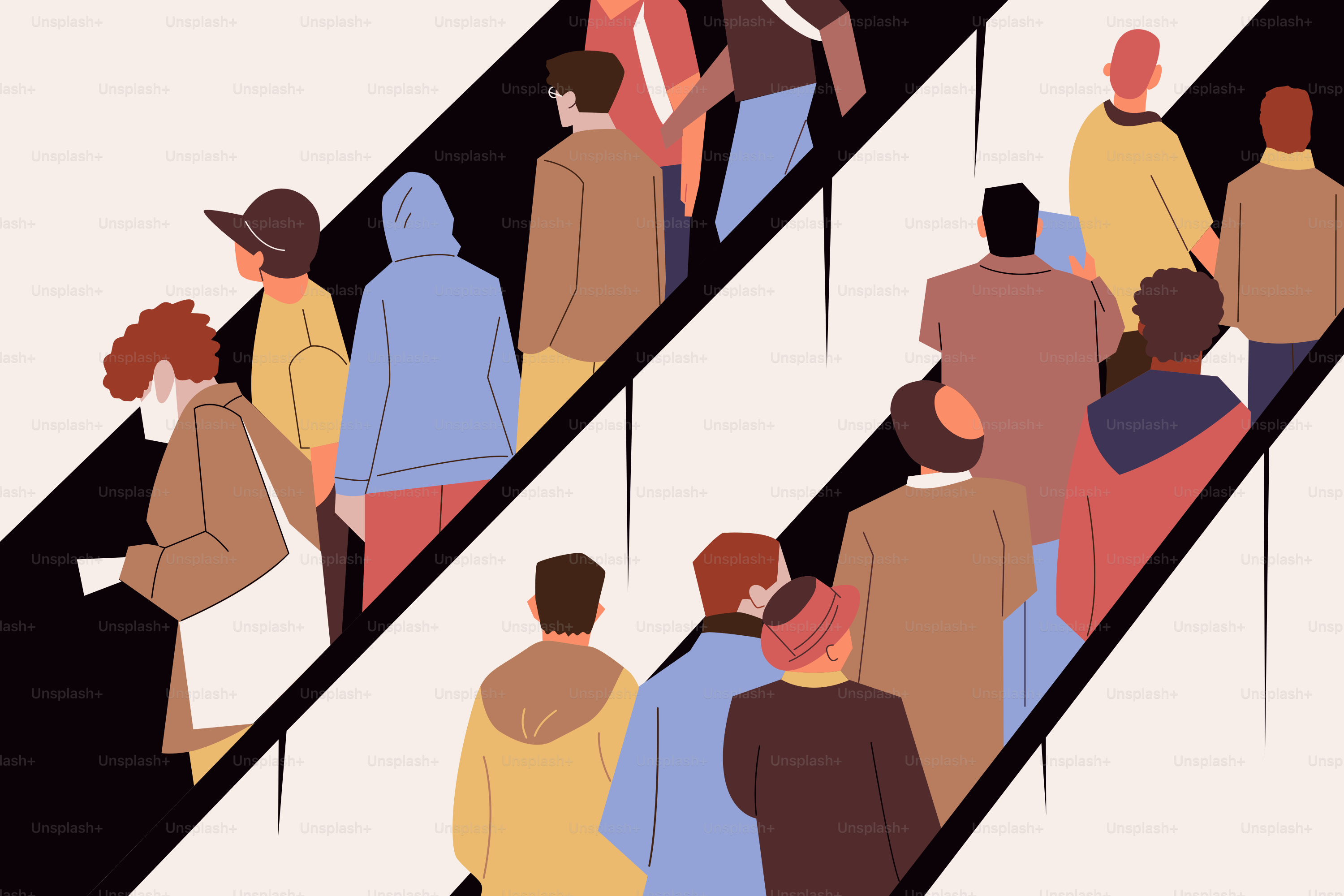 People are riding up and down escalators.