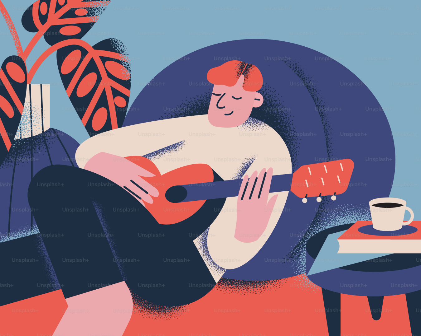 Man is playing guitar while relaxing on a couch.