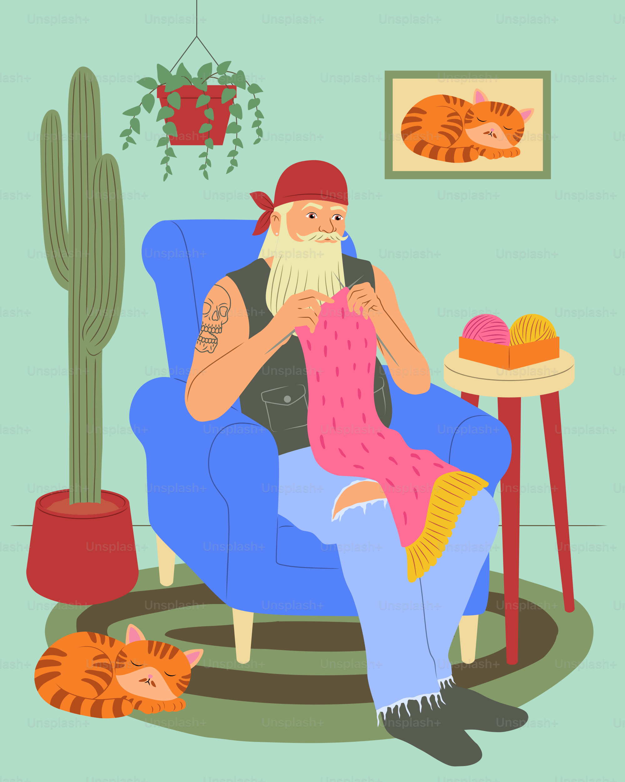 A tough-looking man knits with cats nearby.