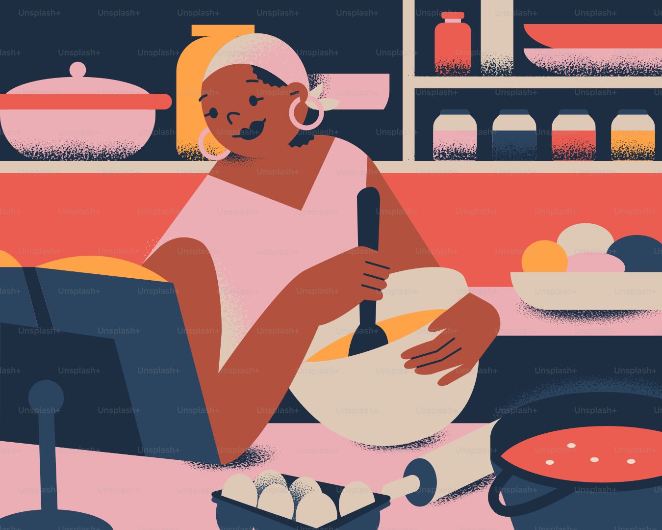 Woman happily bakes in her kitchen.