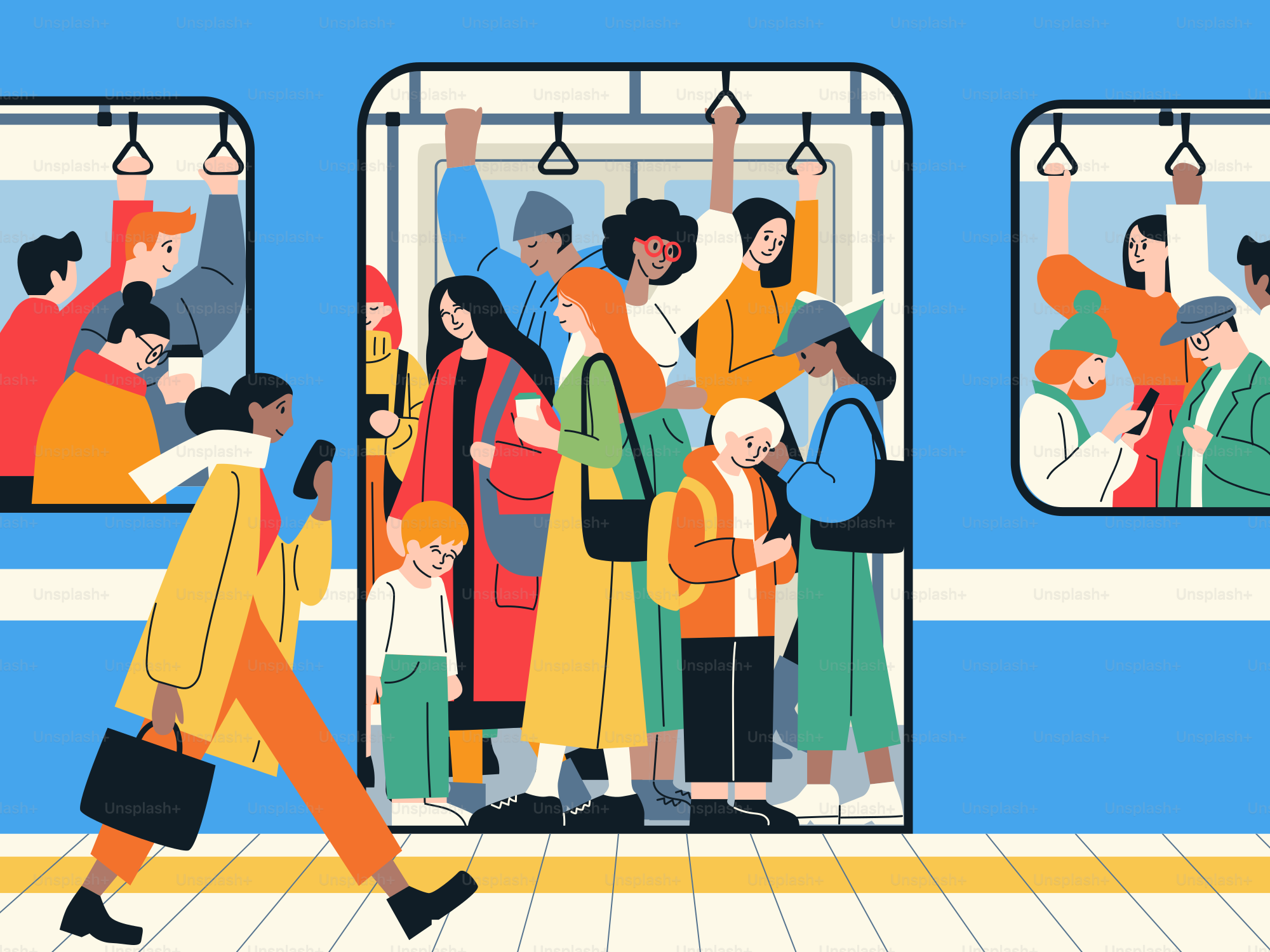 多様な人々で溢れる混雑した地下鉄車両。