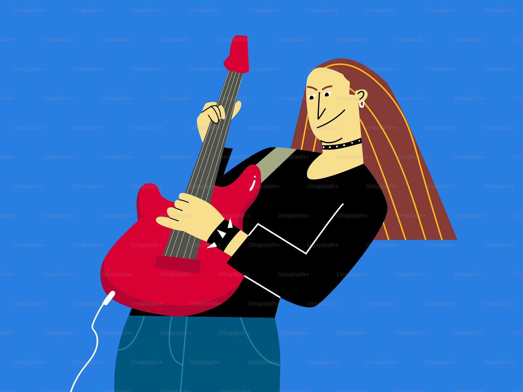 A rock musician plays a red electric guitar.