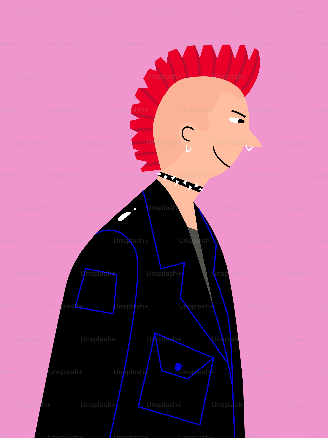 Un punk con un mohawk rojo y una chaqueta.