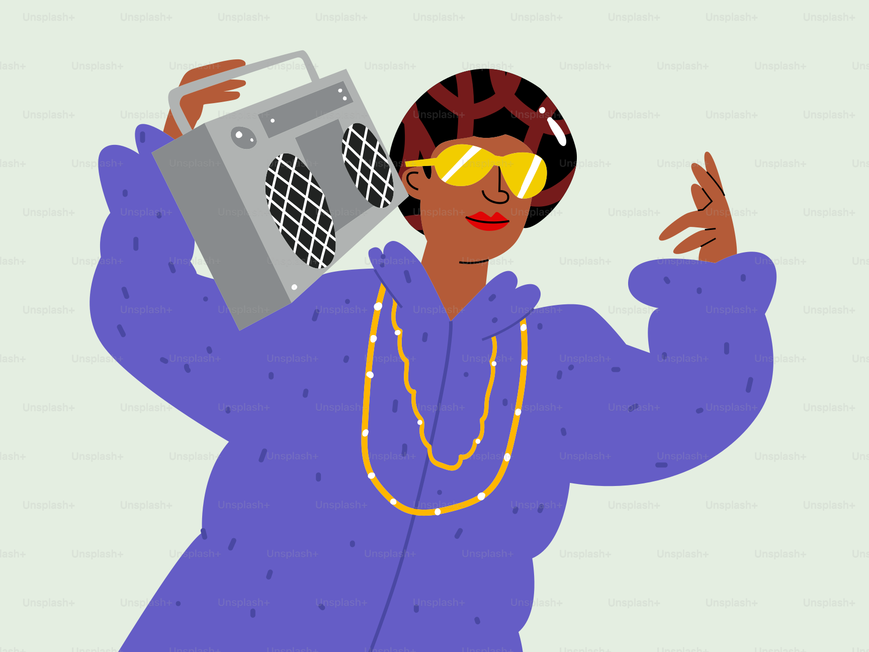 Una mujer baila con un radiocasete al hombro.