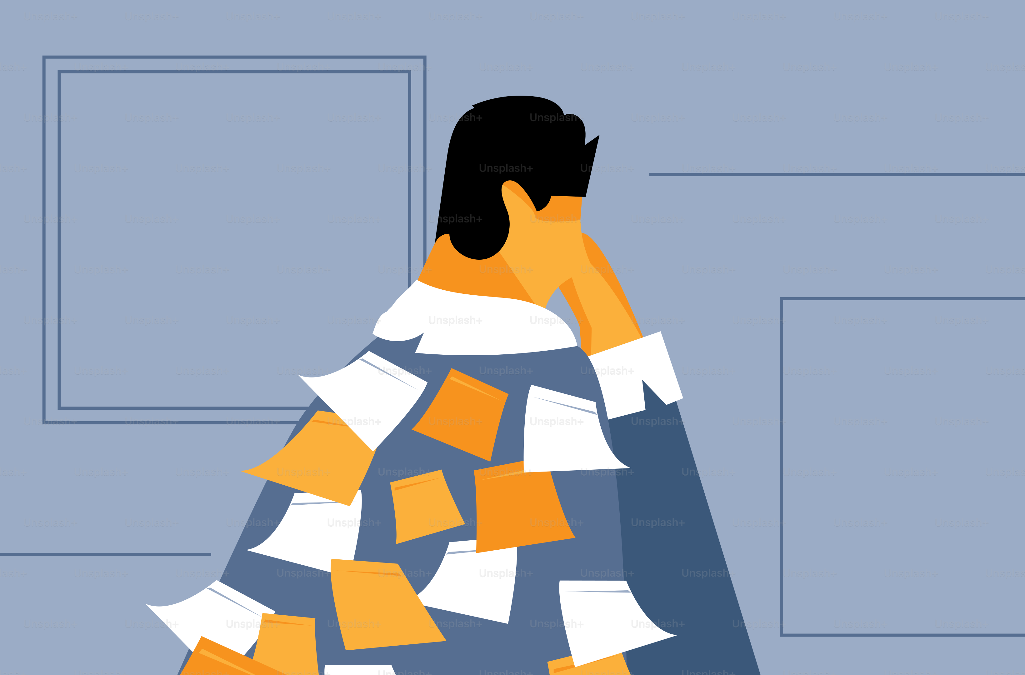 Man is overwhelmed by sticky notes and paperwork.