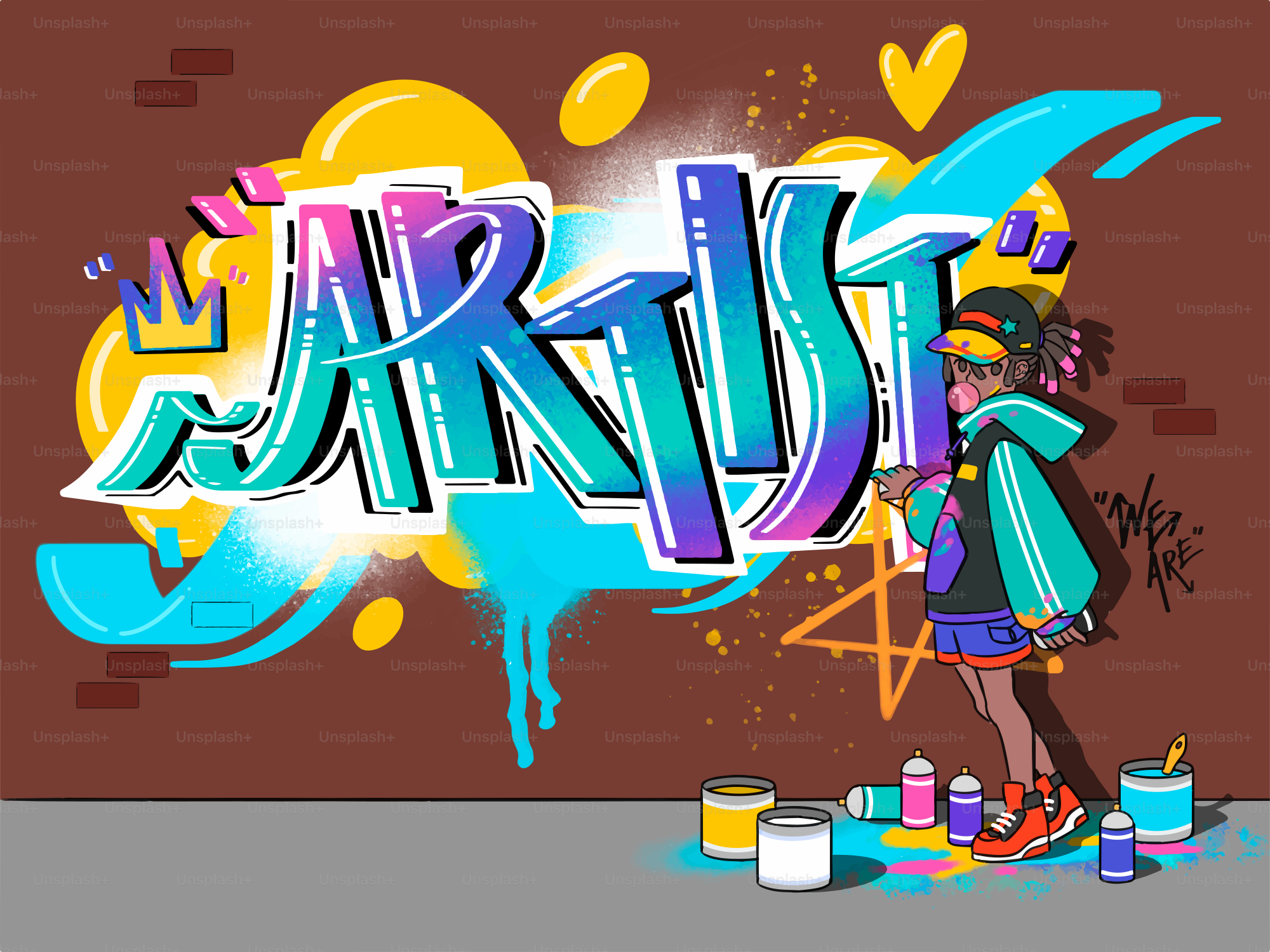 Artist painting graffiti art on a brick wall.