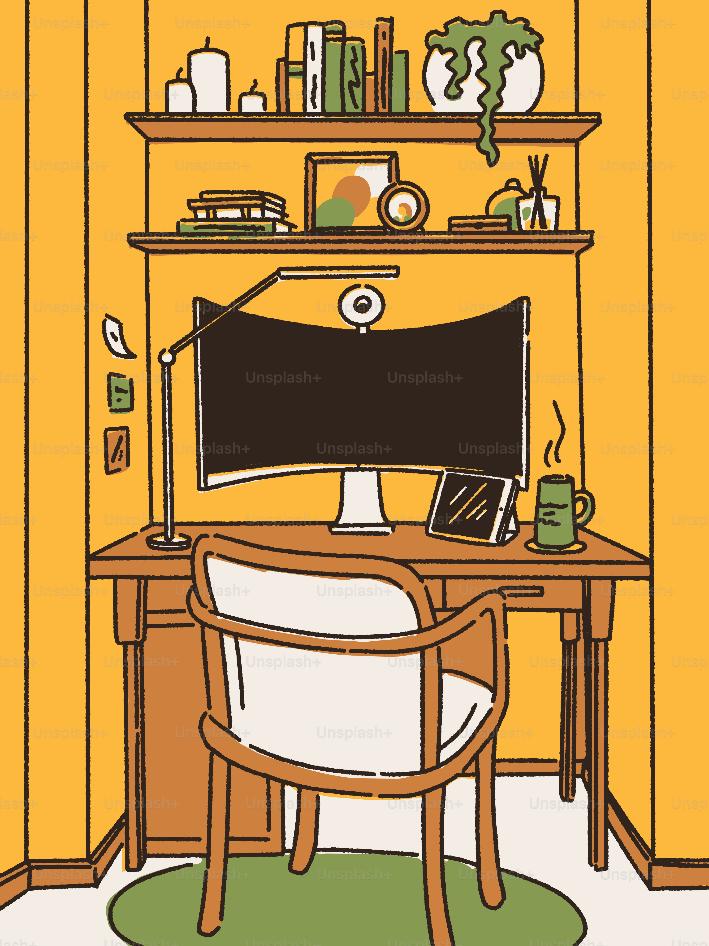 Cozy, yellow-toned home office setup with desk.